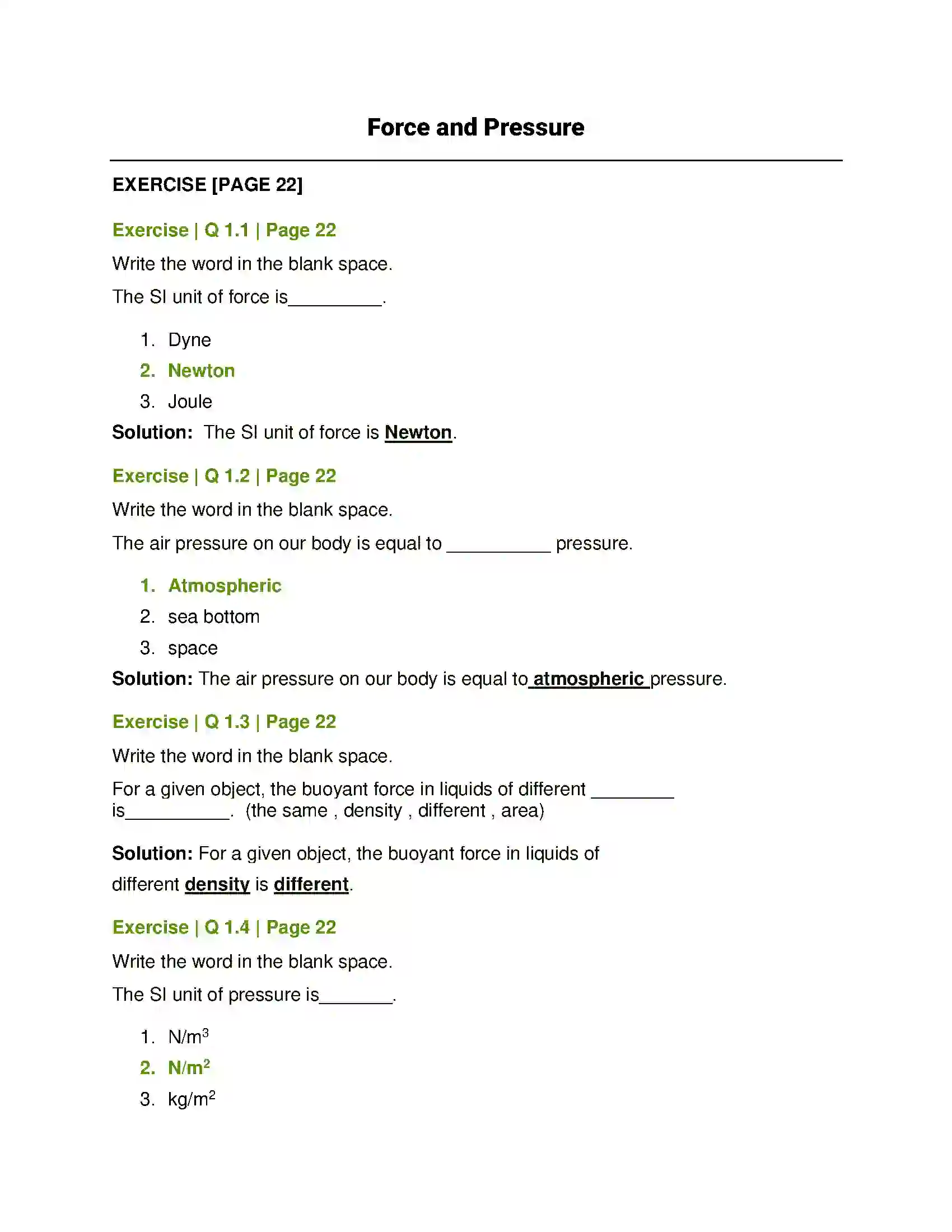 Maharashtra Board Class 8th General Science Force and Pressure Solution 1