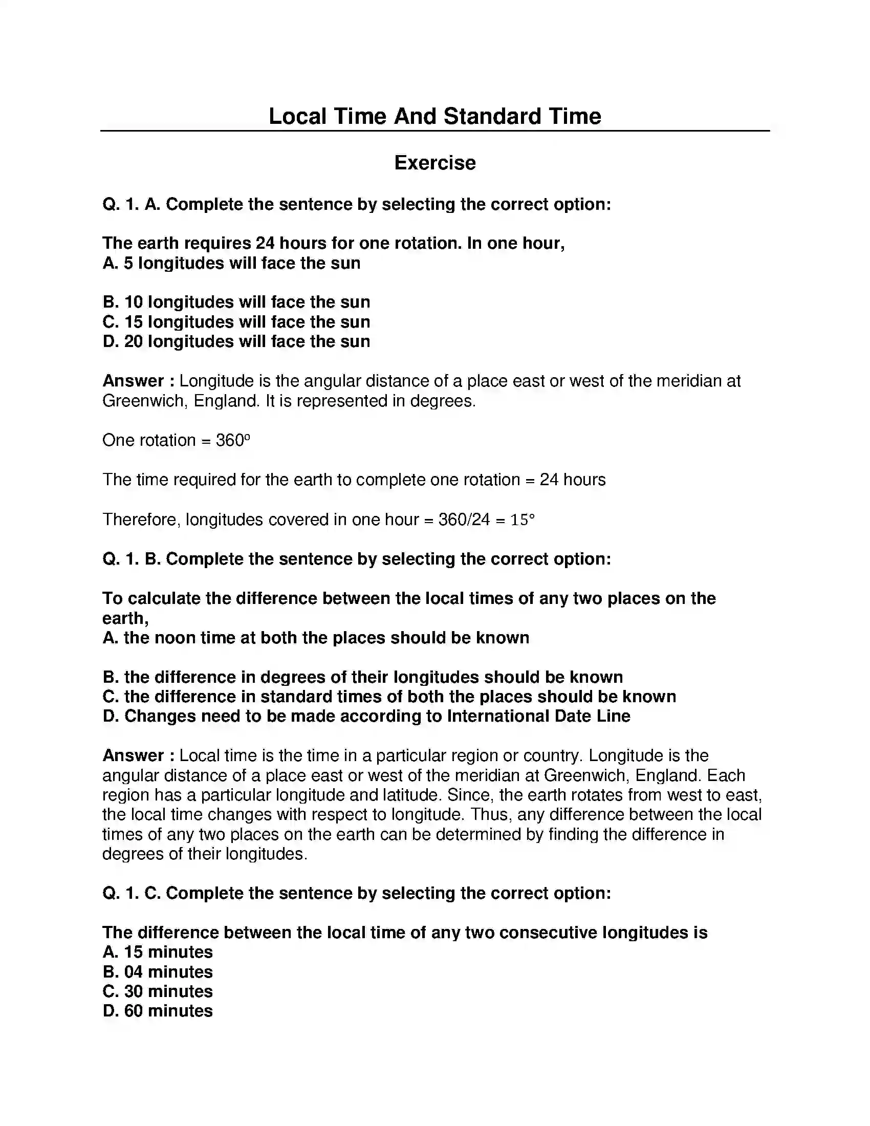 Maharashtra Board Class 8th Geography - English Medium Local Time and Standard Time Solution 1