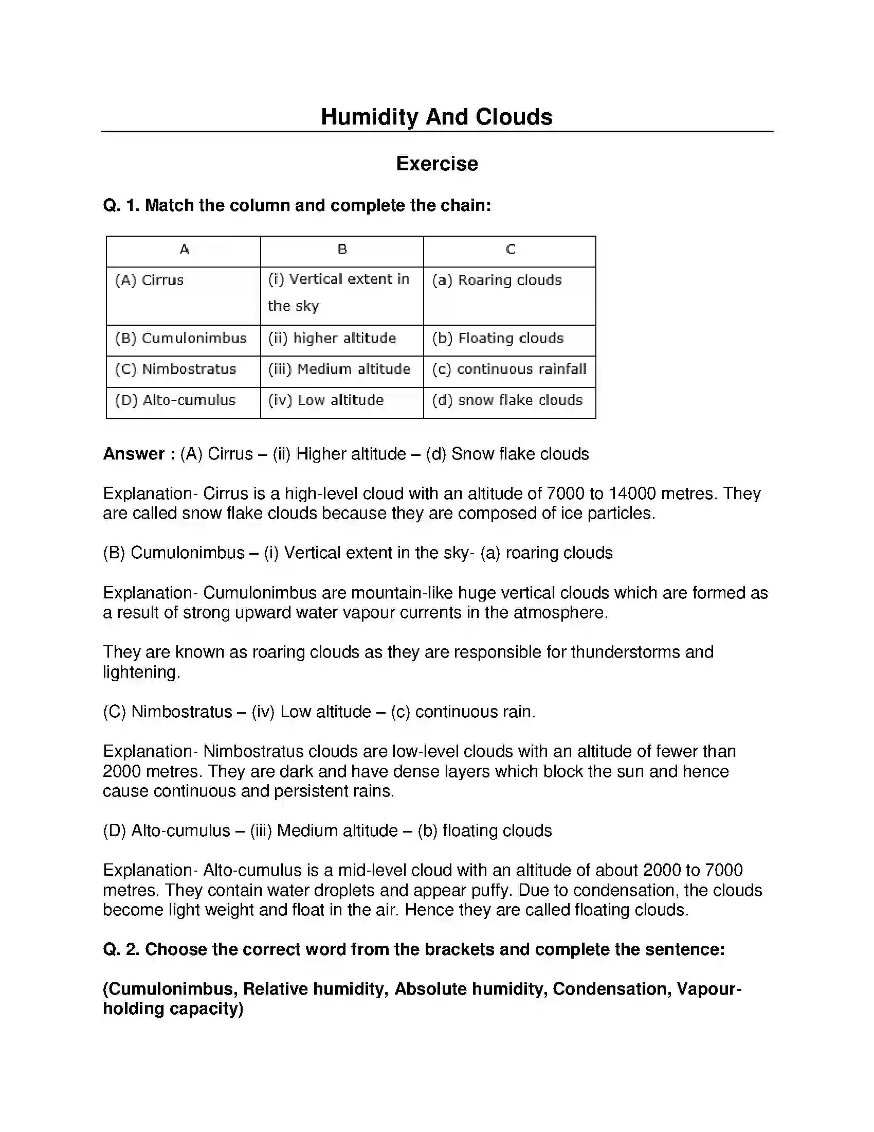 Maharashtra Board Class 8th Geography - English Medium Humidity and Clouds Solution 1