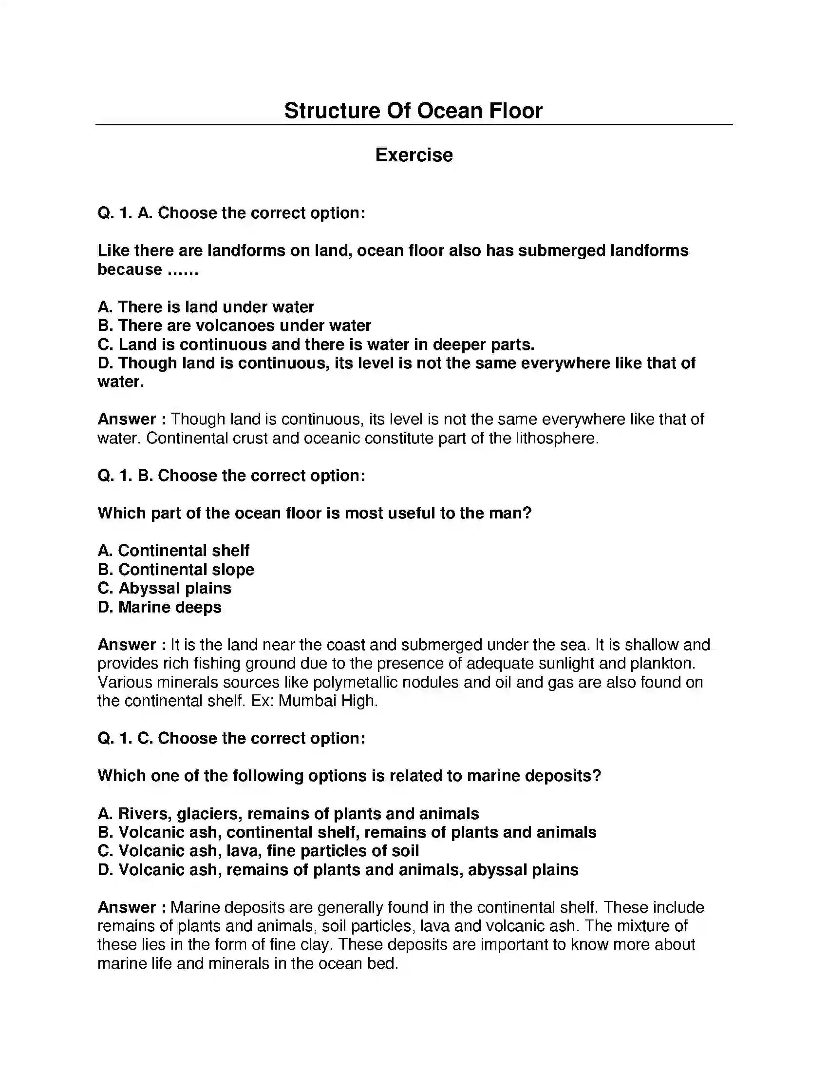 Maharashtra Board Class 8th Geography - English Medium Structure of Ocean Floor Solution 1