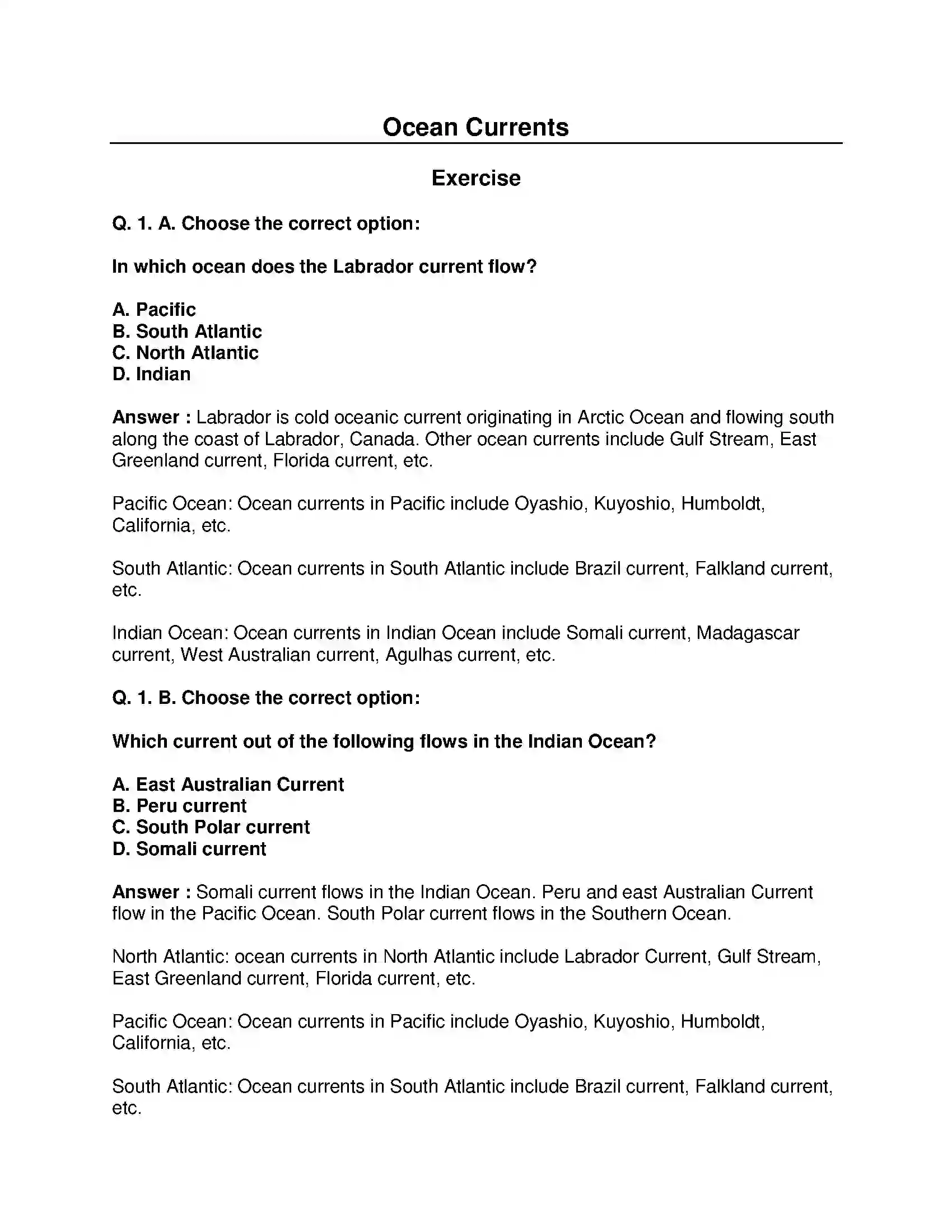 Maharashtra Board Class 8th Geography - English Medium Ocean Currents Solution 1