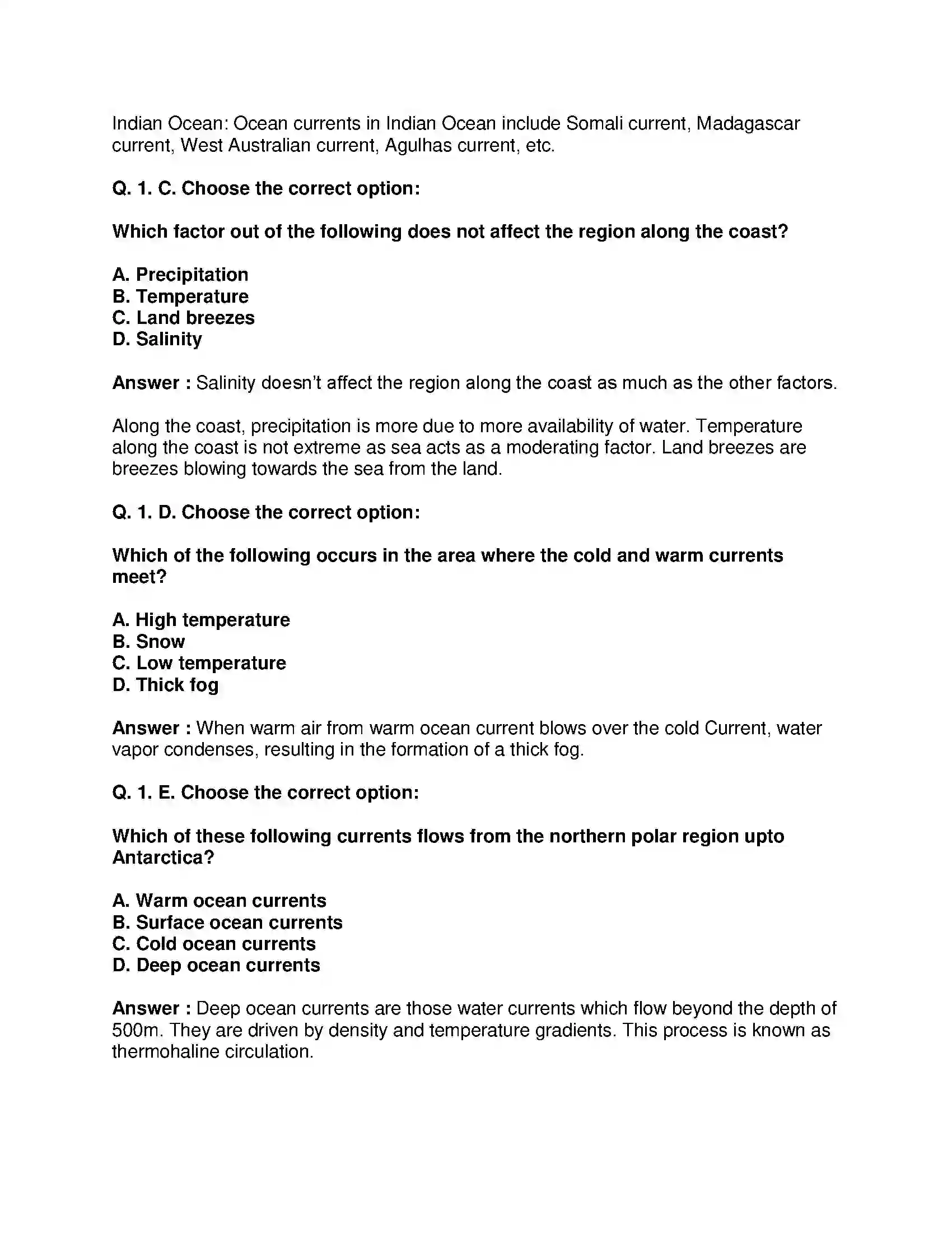Maharashtra Board Class 8th Geography - English Medium Ocean Currents Solution 2