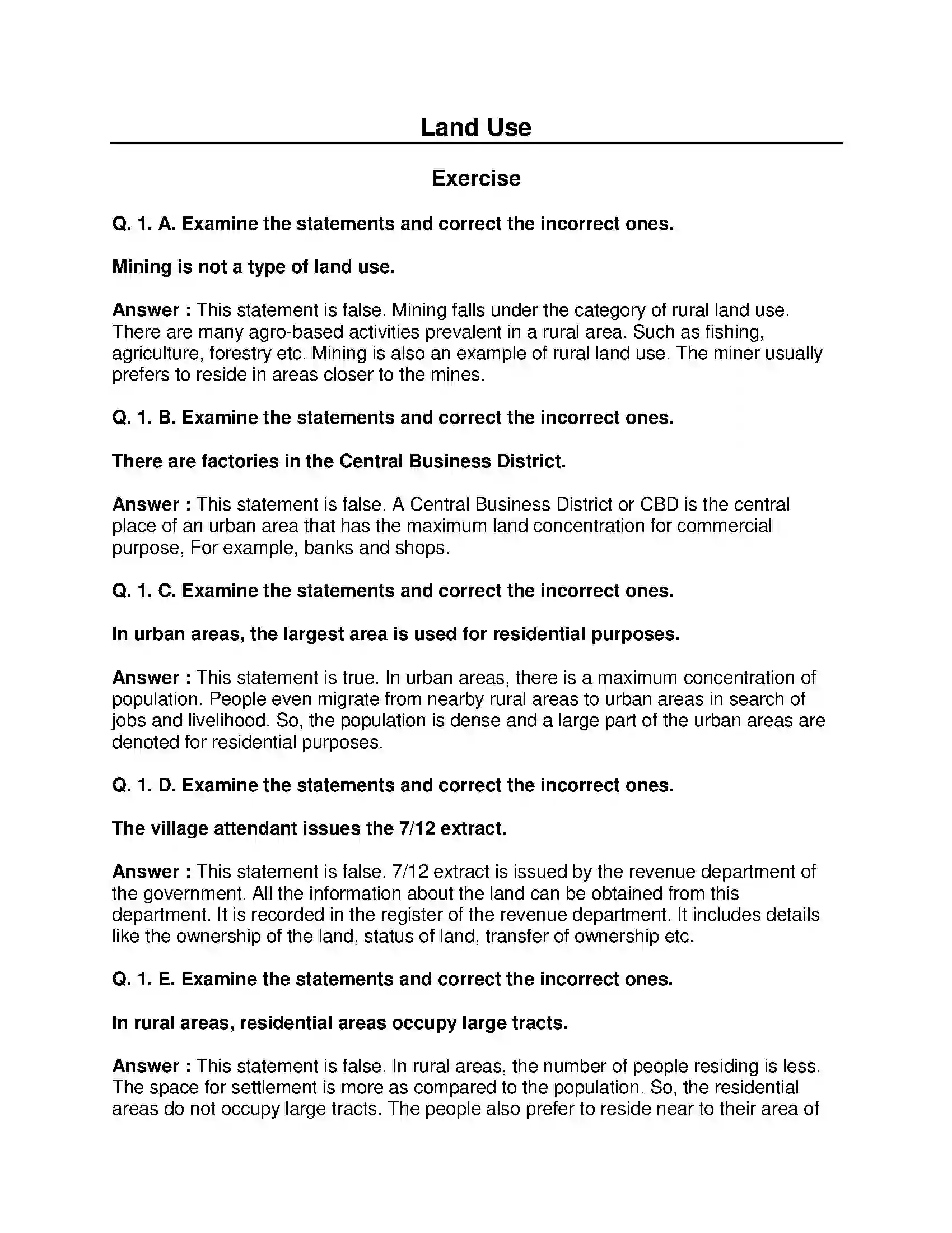 Maharashtra Board Class 8th Geography - English Medium Land Use Solution 1
