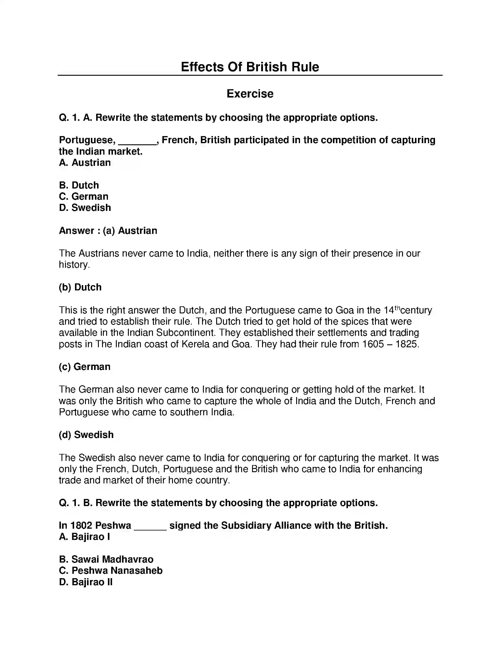 Maharashtra Board Class 8th History - English Medium Effects of British rule Solution 1