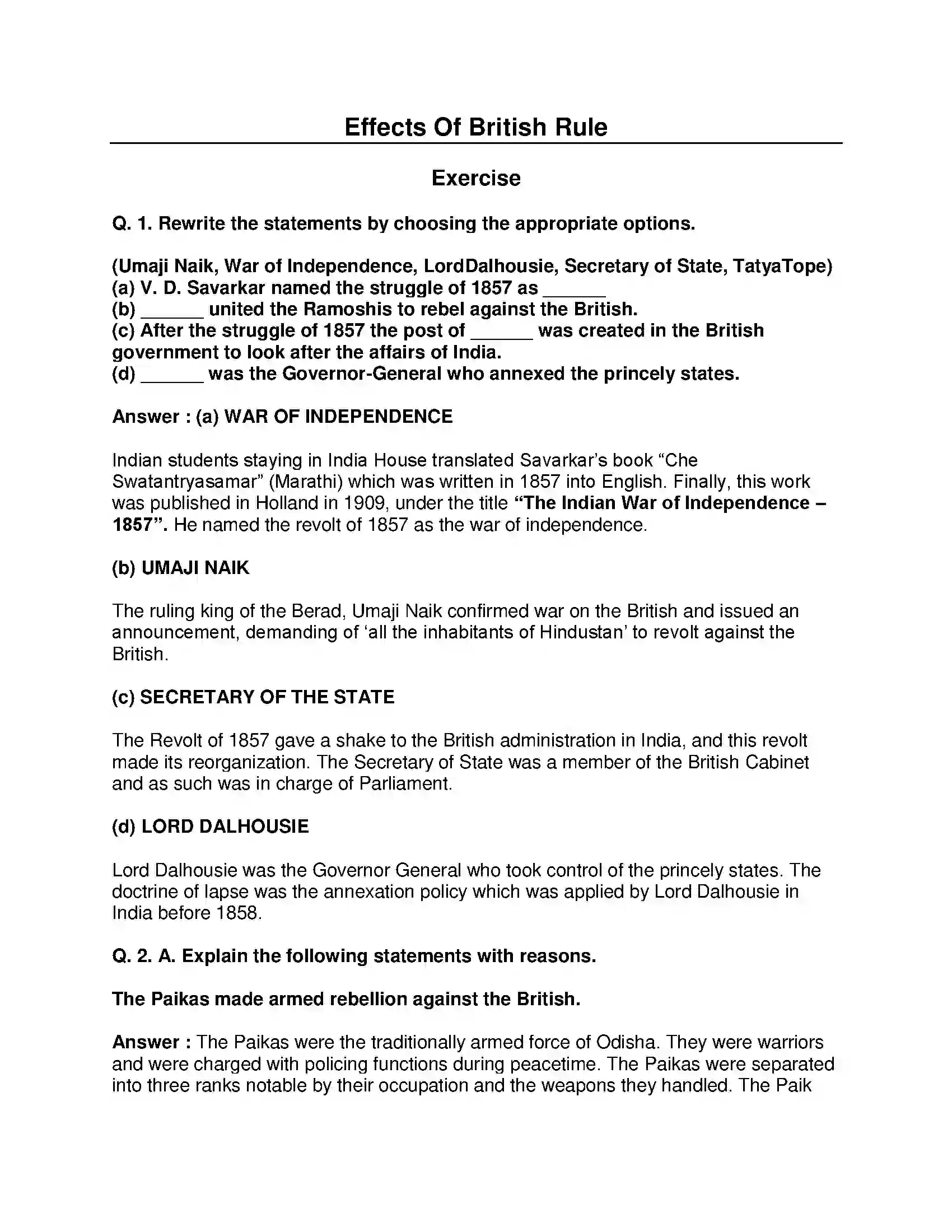 Maharashtra Board Class 8th History - English Medium The Freedom Struggle of 1857 Solution 1