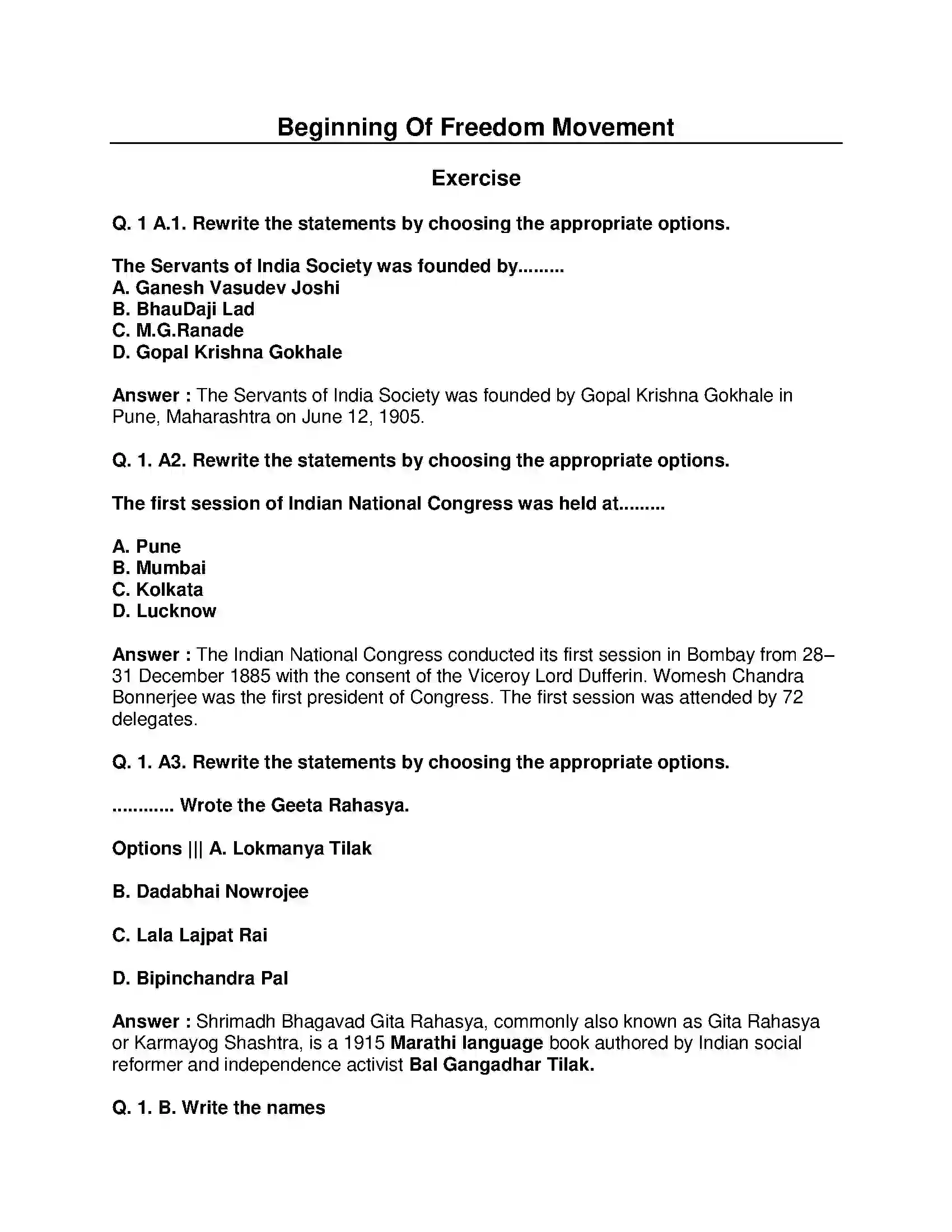 Maharashtra Board Class 8th History - English Medium Beginning of Freedom Movement Solution 1