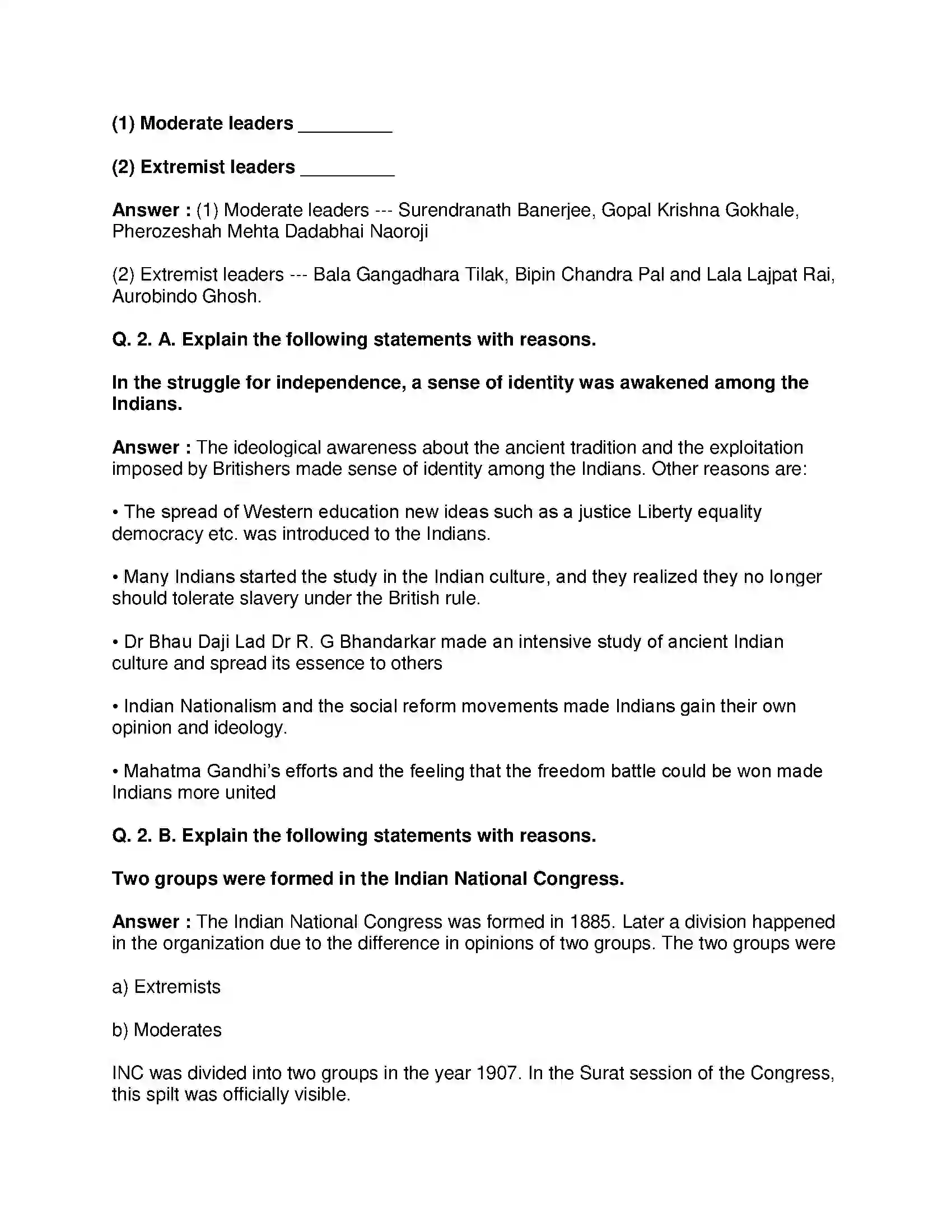 Maharashtra Board Class 8th History - English Medium Beginning of Freedom Movement Solution 2