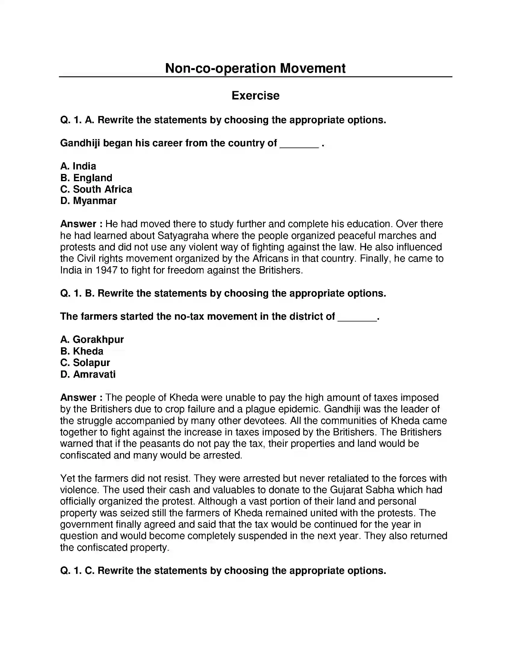 Maharashtra Board Class 8th History - English Medium Non-co-operation Movement Solution 1