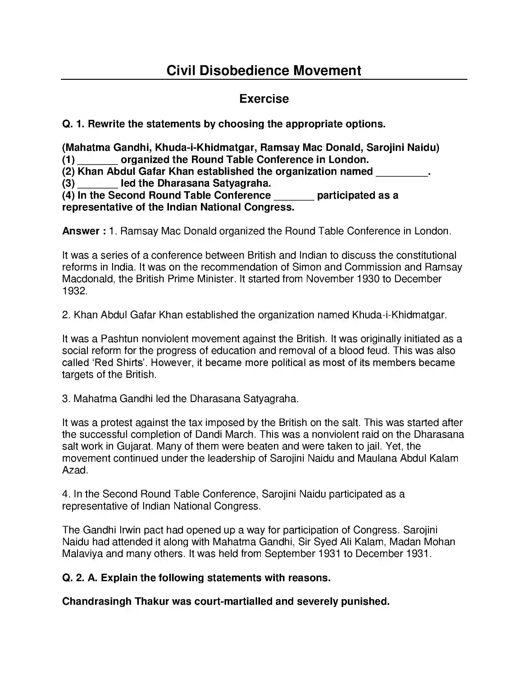 Maharashtra Board Class 8th History - English Medium Civil Disobedience Movement Solution 1