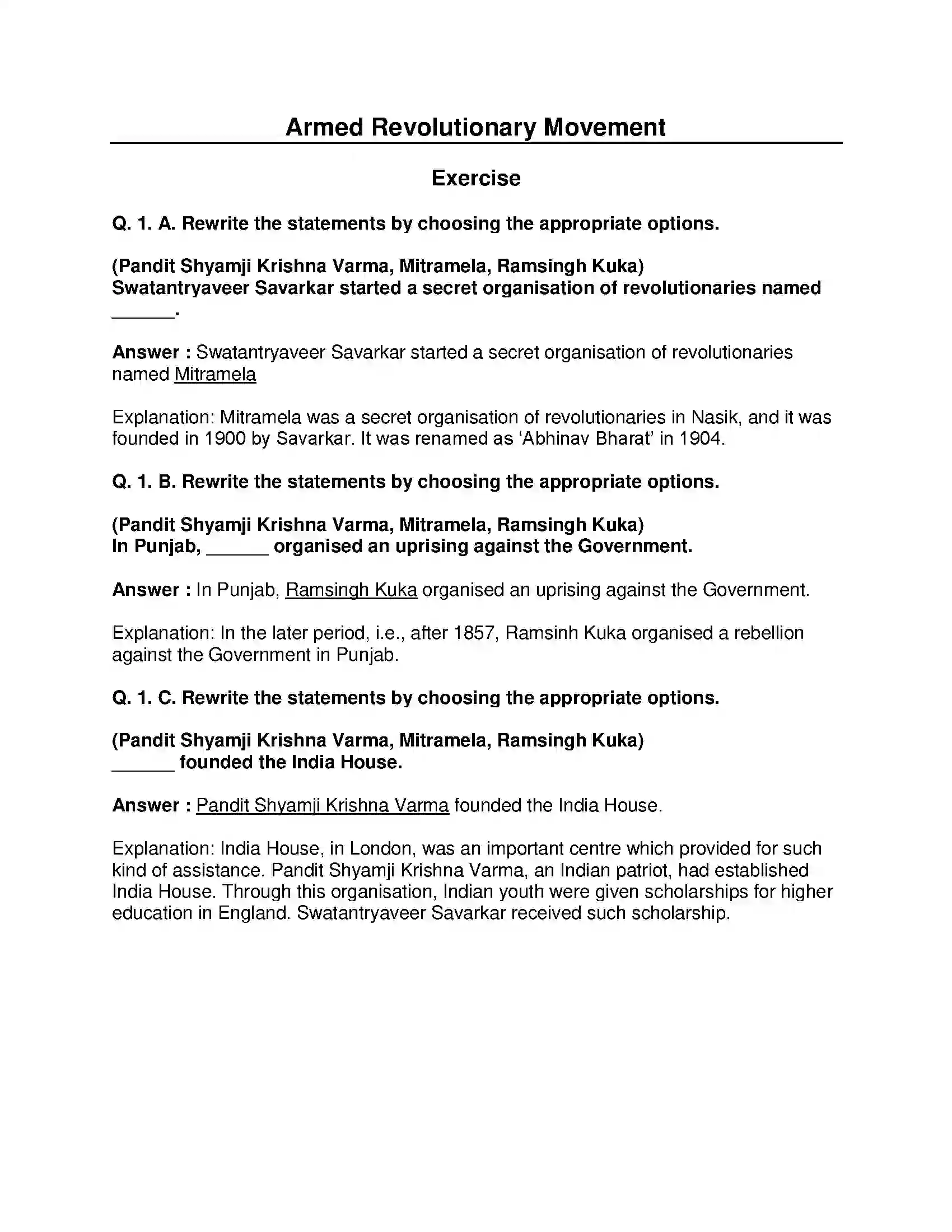 Maharashtra Board Class 8th History - English Medium Armed Revolutionary Movement Solution 1