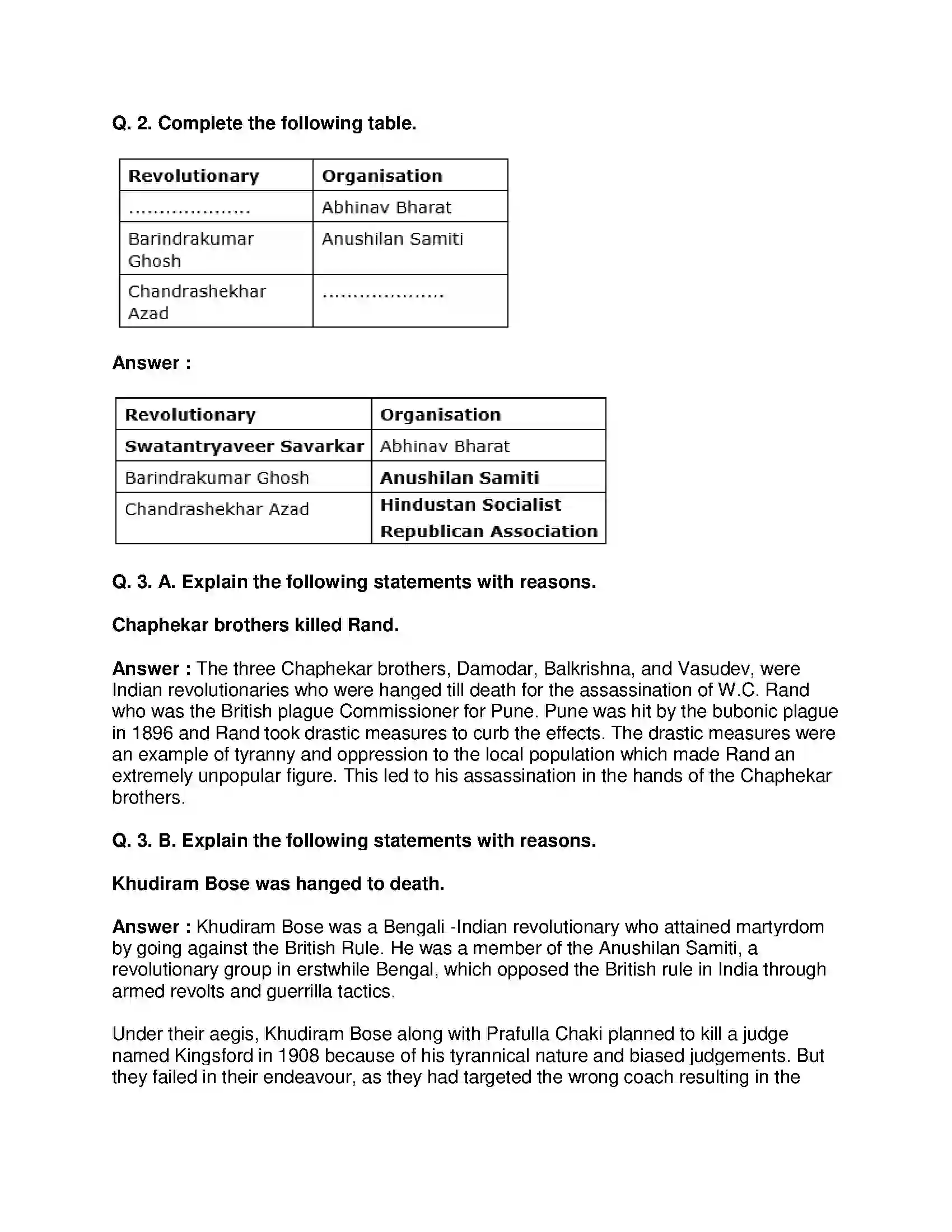 Maharashtra Board Class 8th History - English Medium Armed Revolutionary Movement Solution 2