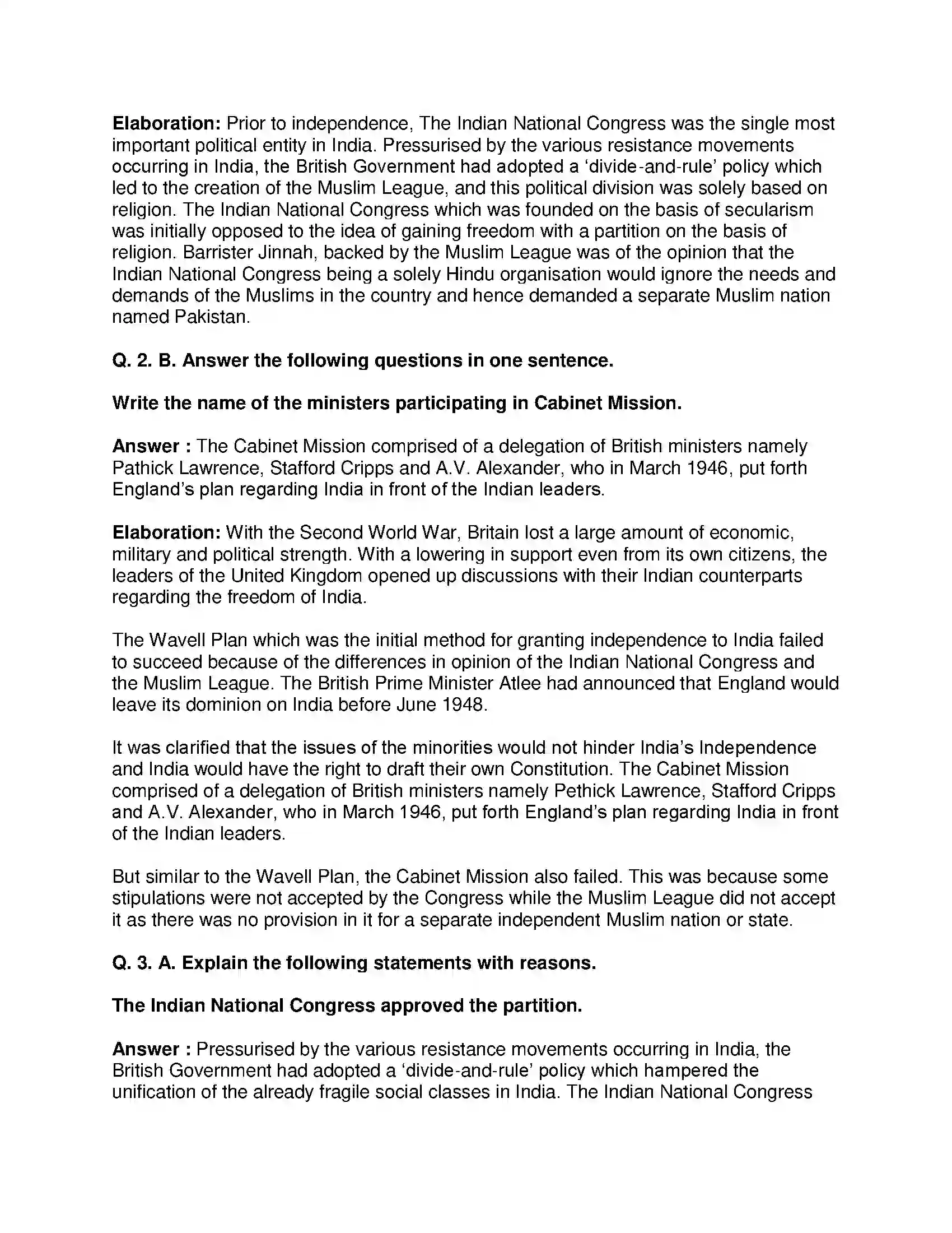 Maharashtra Board Class 8th History - English Medium India gains Independence Solution 2