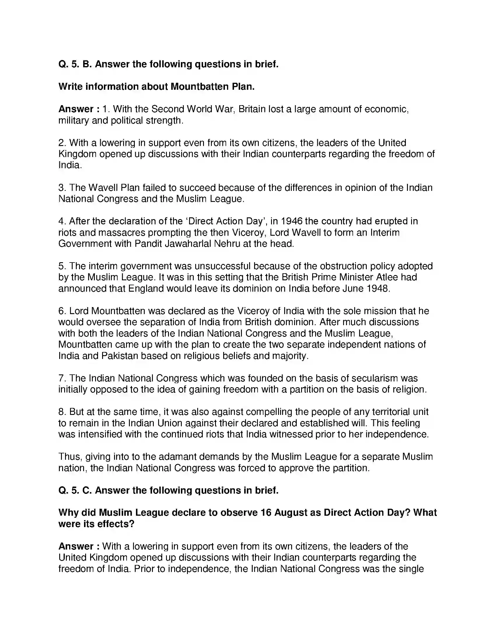 Maharashtra Board Class 8th History - English Medium India gains Independence Solution 5