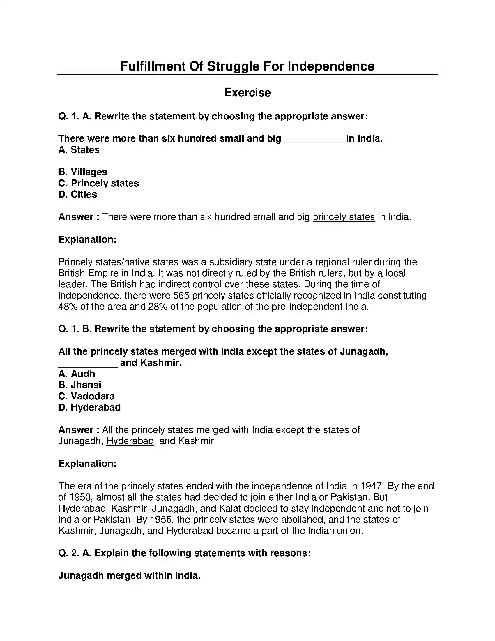Maharashtra Board Class 8th History - English Medium Fulfillment of Struggle for Independence Solution 1