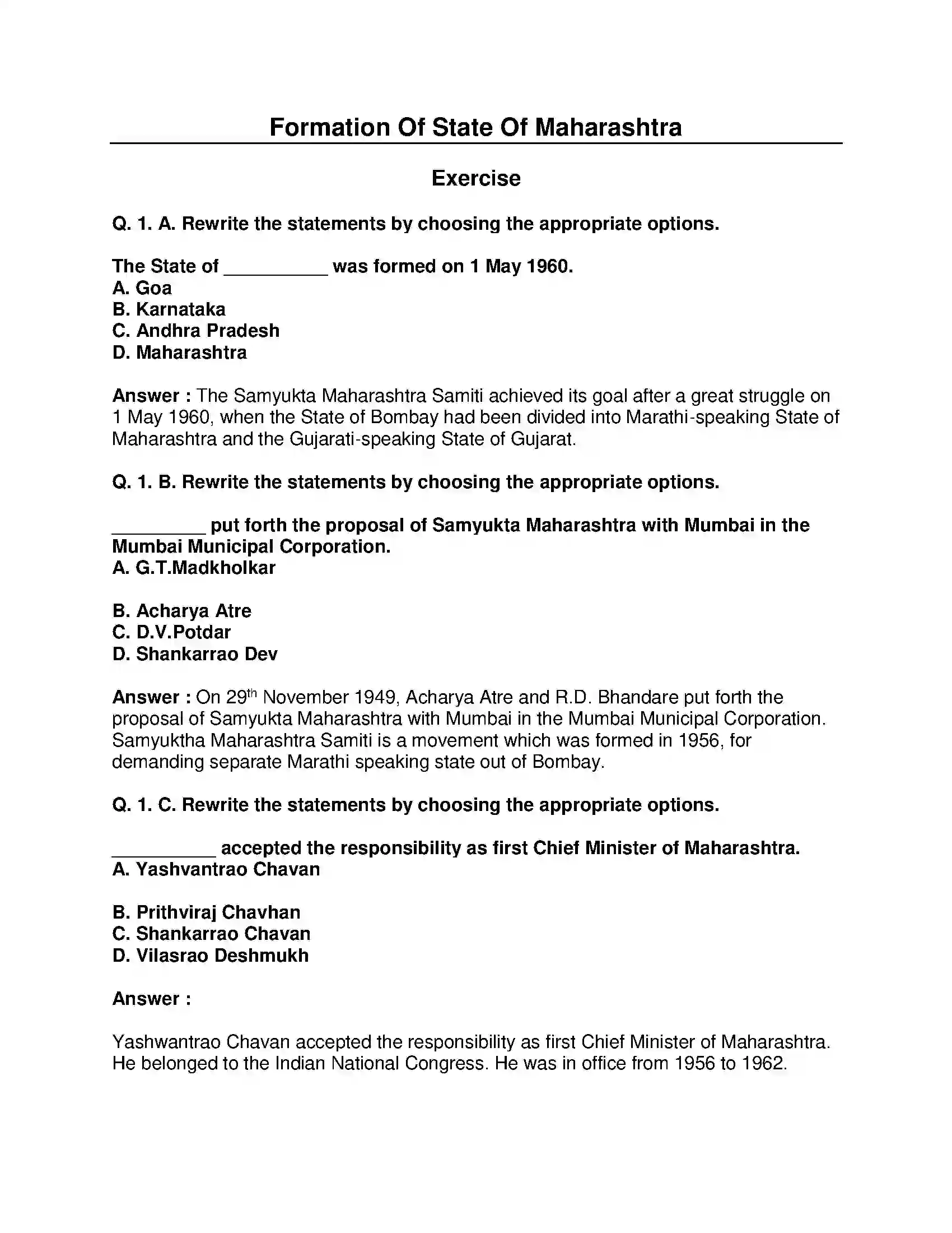 Maharashtra Board Class 8th History - English Medium Formation of State of Maharashtra Solution 1