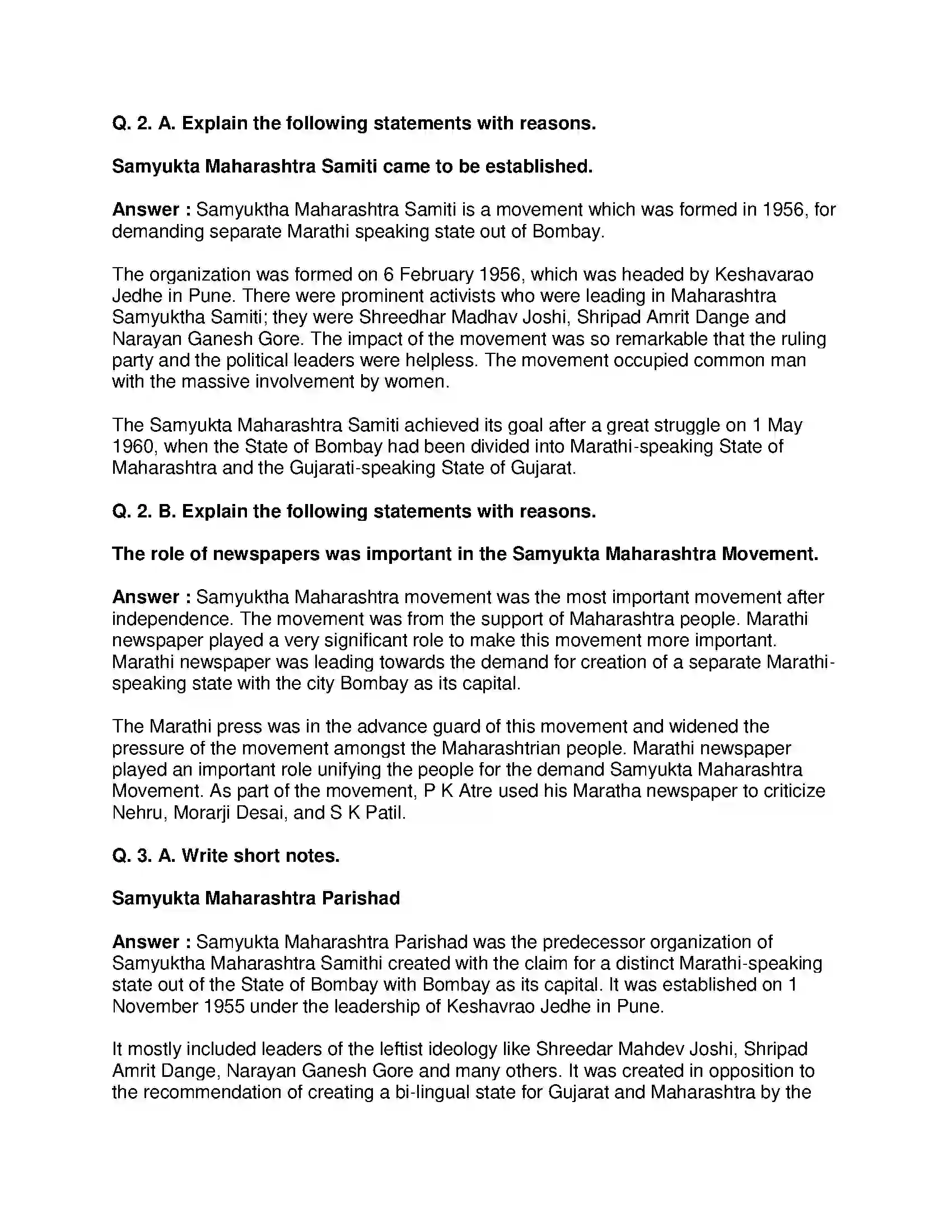 Maharashtra Board Class 8th History - English Medium Formation of State of Maharashtra Solution 2