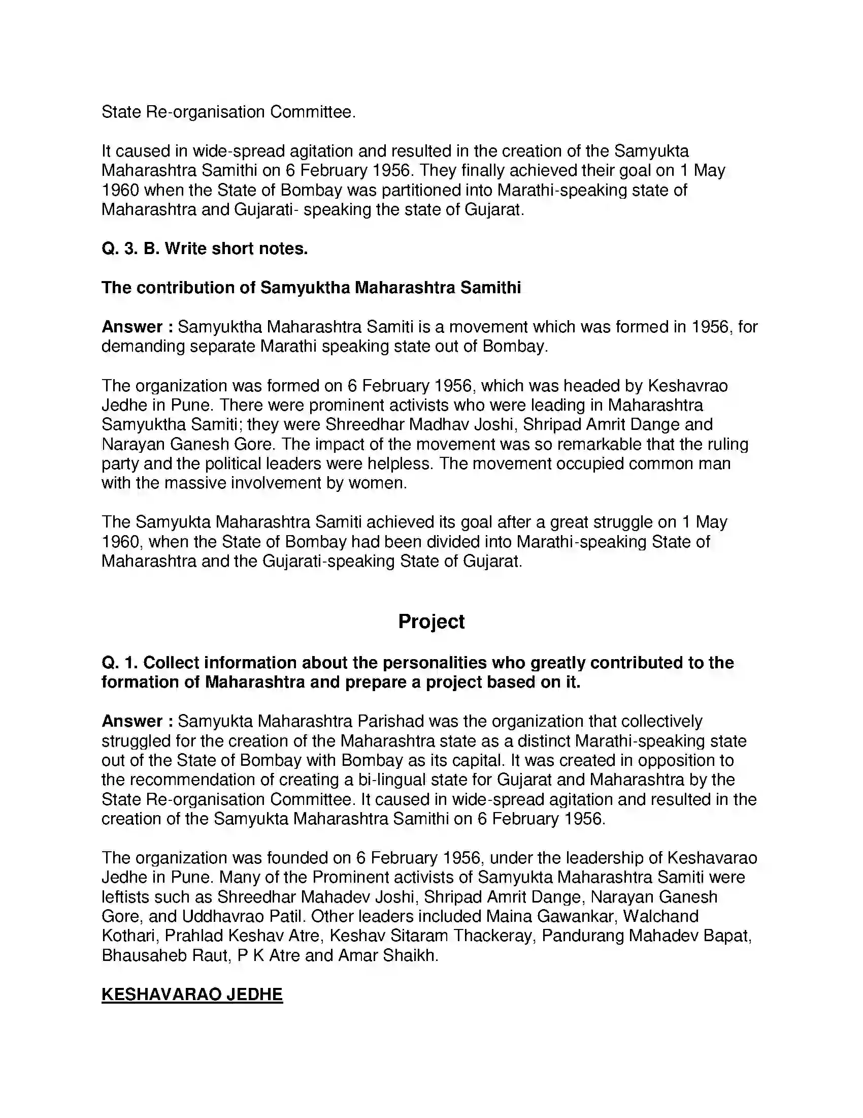 Maharashtra Board Class 8th History - English Medium Formation of State of Maharashtra Solution 3
