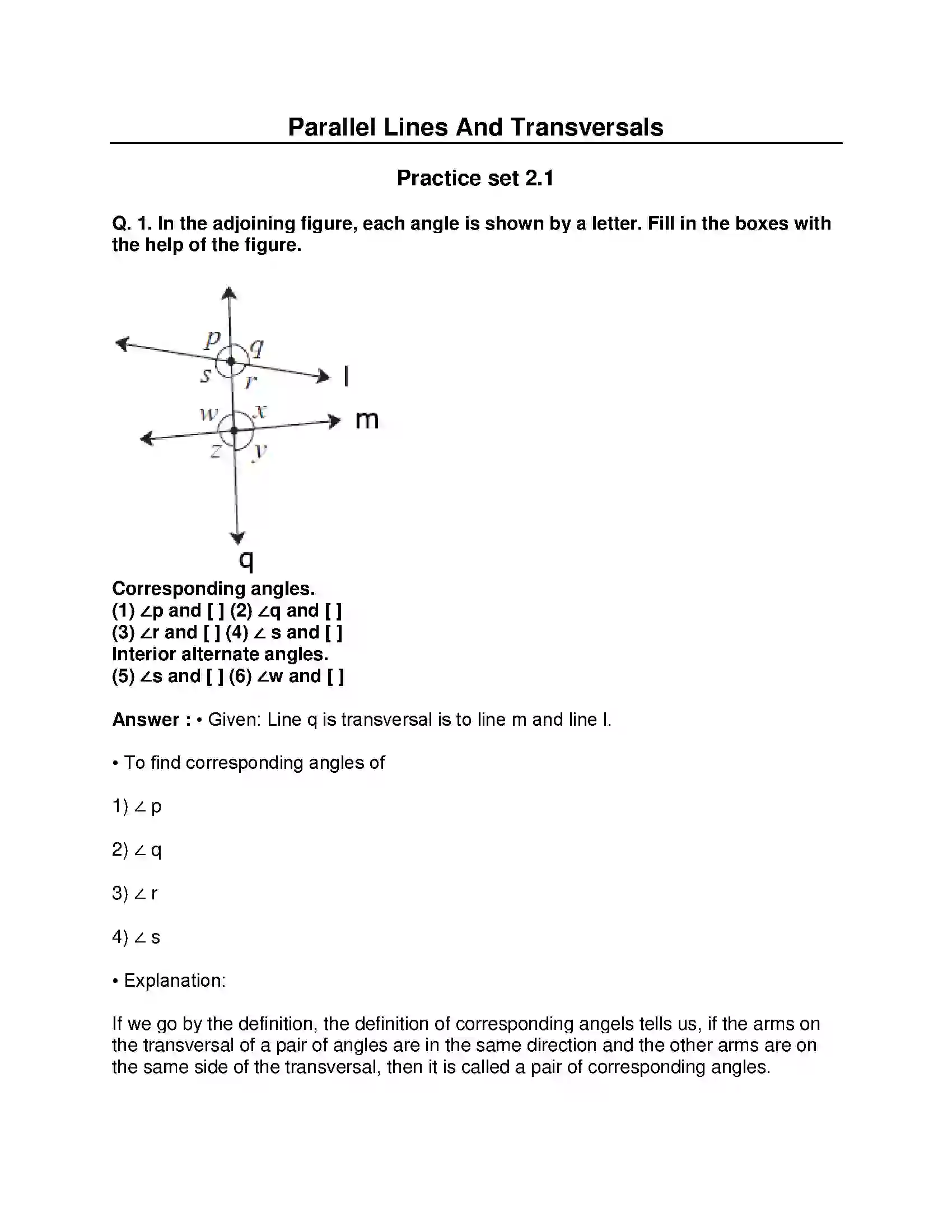 Maharashtra Board Class 8th Mathematics - English Medium Parallel Lines and Transversals Solution 1
