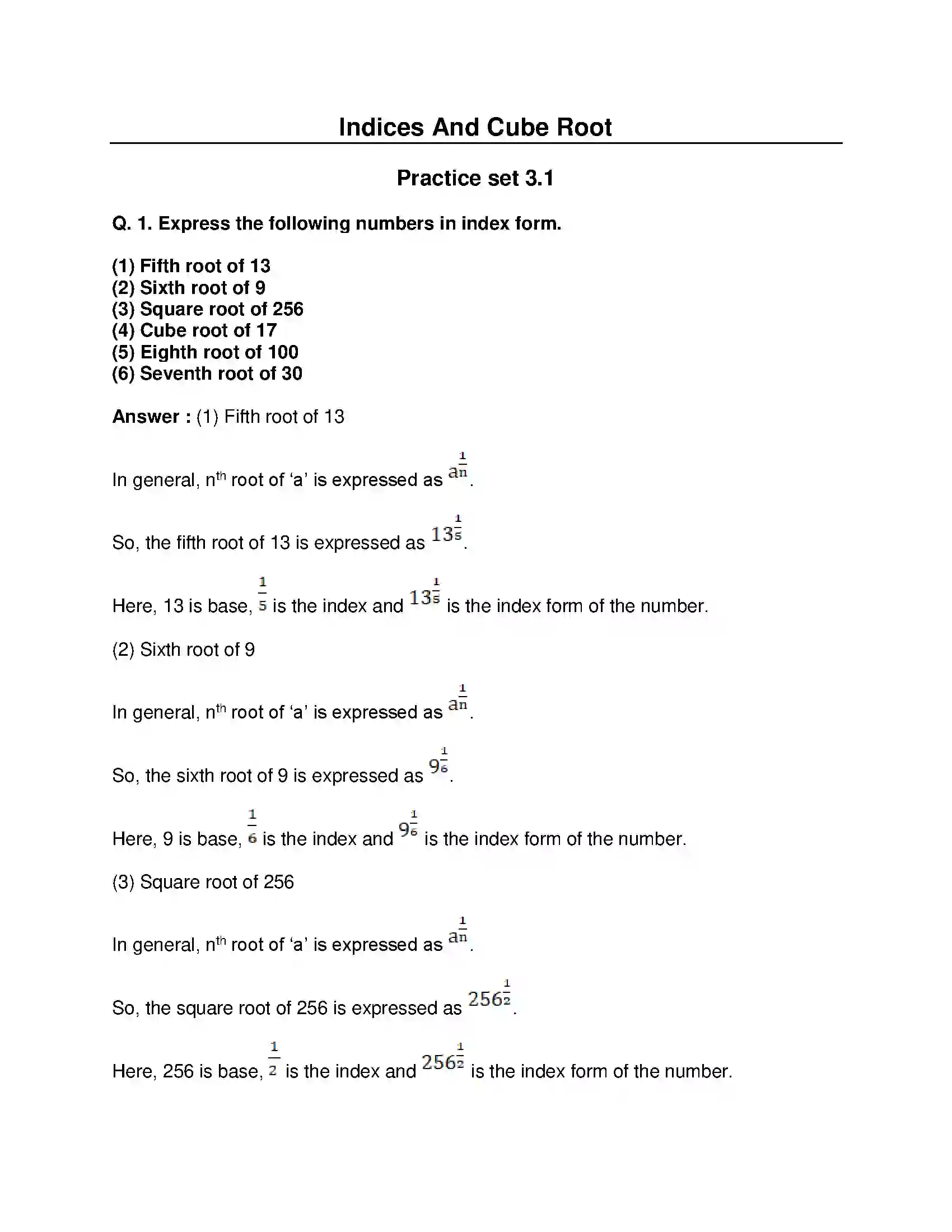 Maharashtra Board Class 8th Mathematics - English Medium Indices and Cube Root Solution 1