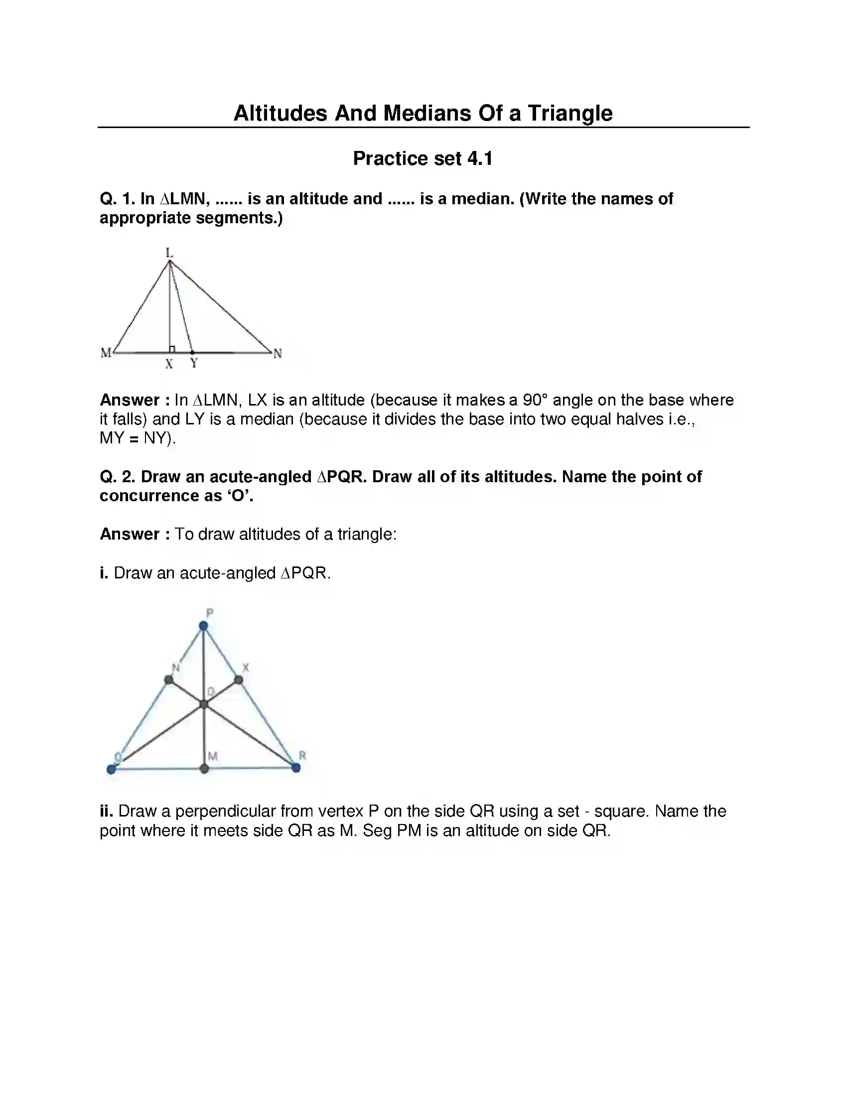 Maharashtra Board Class 8th Mathematics - English Medium Altitudes and Medians of a Triangle Solution 1