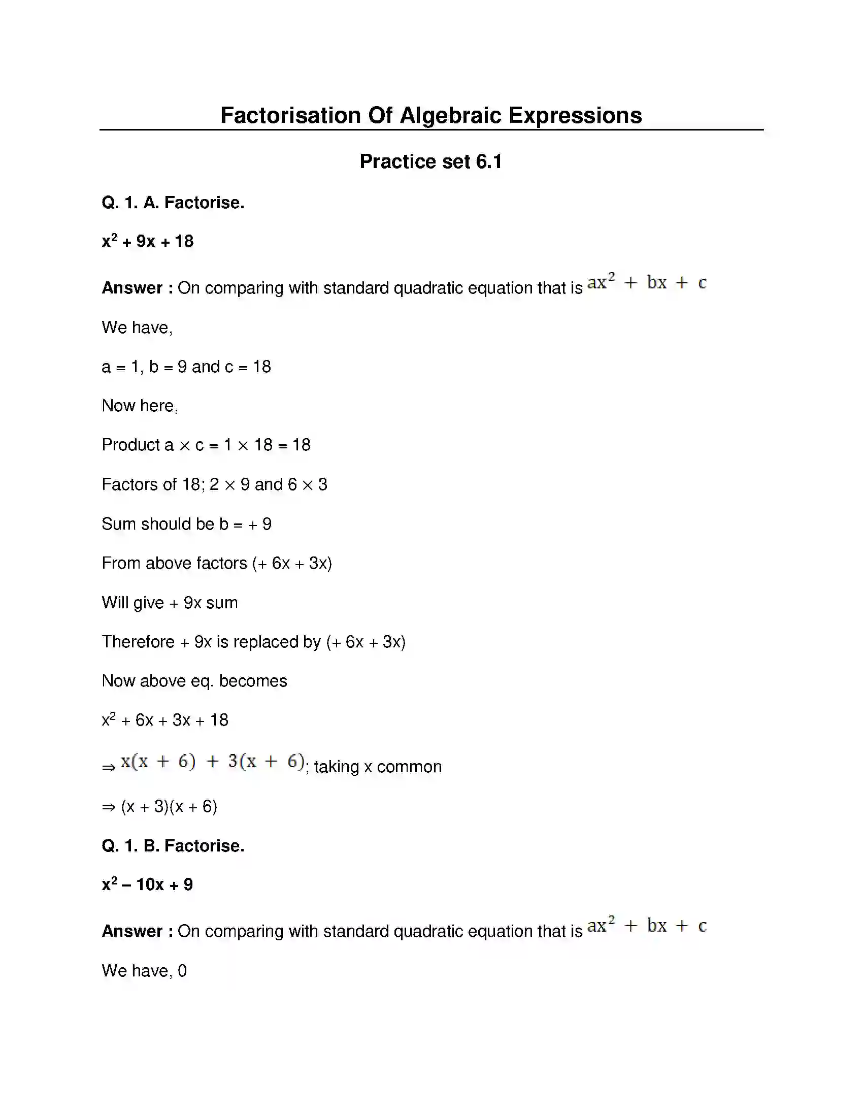 Maharashtra Board Class 8th Mathematics - English Medium Factorisation of Algebraic Expressions Solution 1