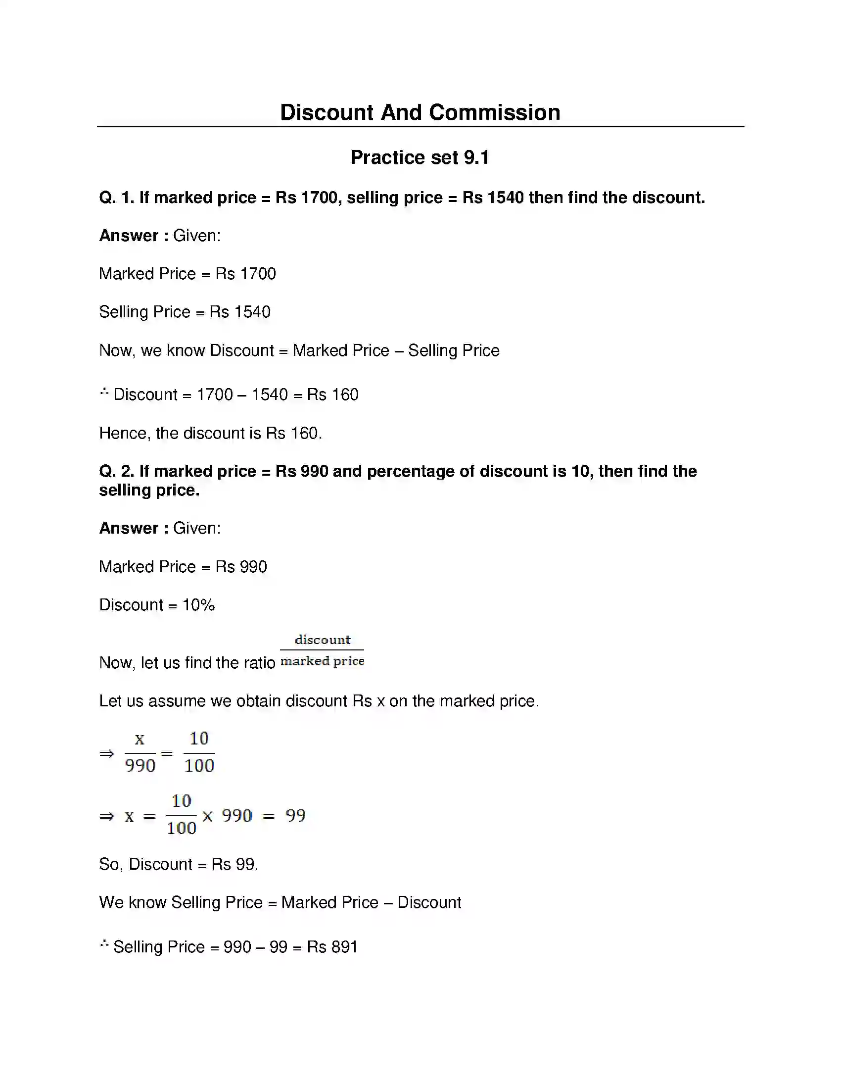 Maharashtra Board Class 8th Mathematics - English Medium Discount and Commission Solution 1