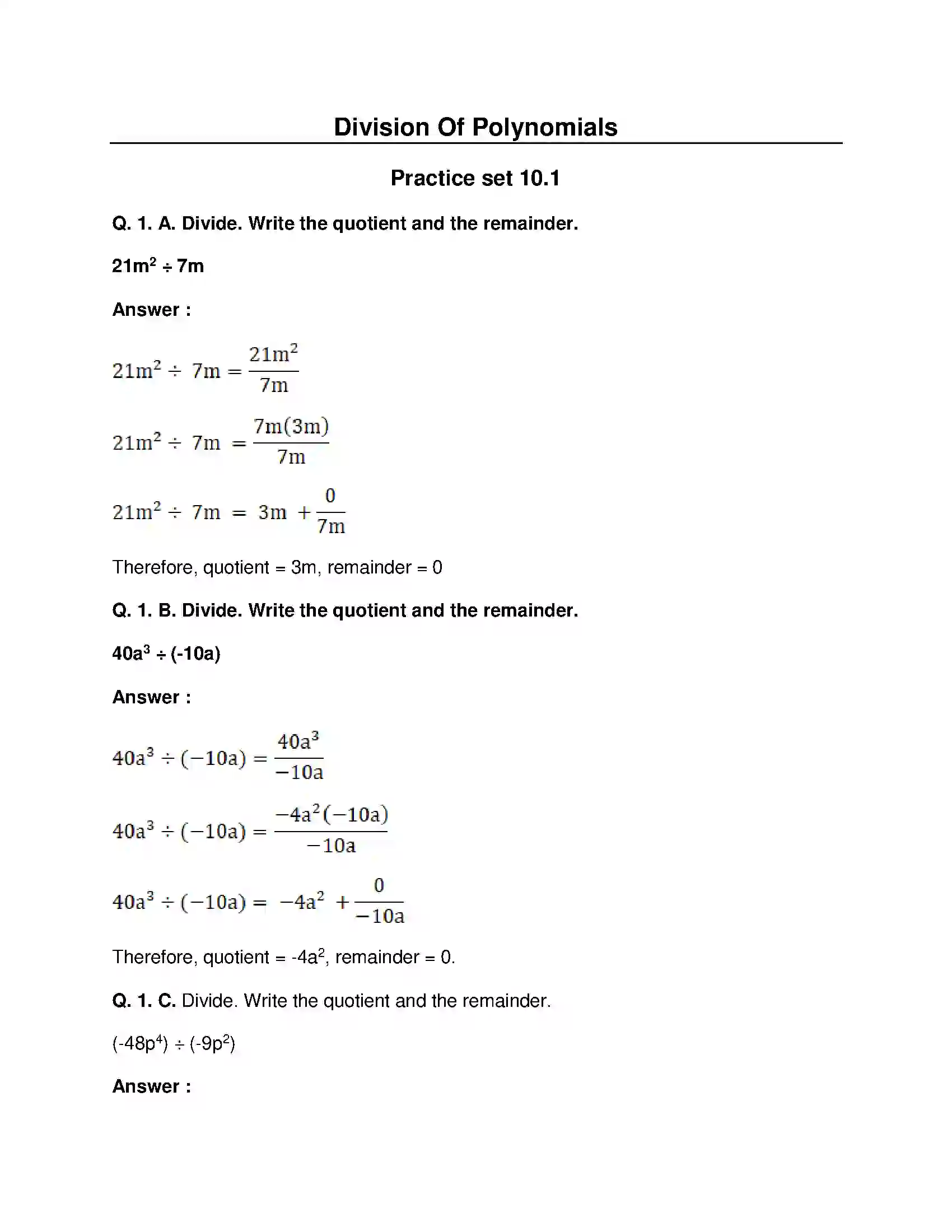 Maharashtra Board Class 8th Mathematics - English Medium Division of Polynomials Solution 1