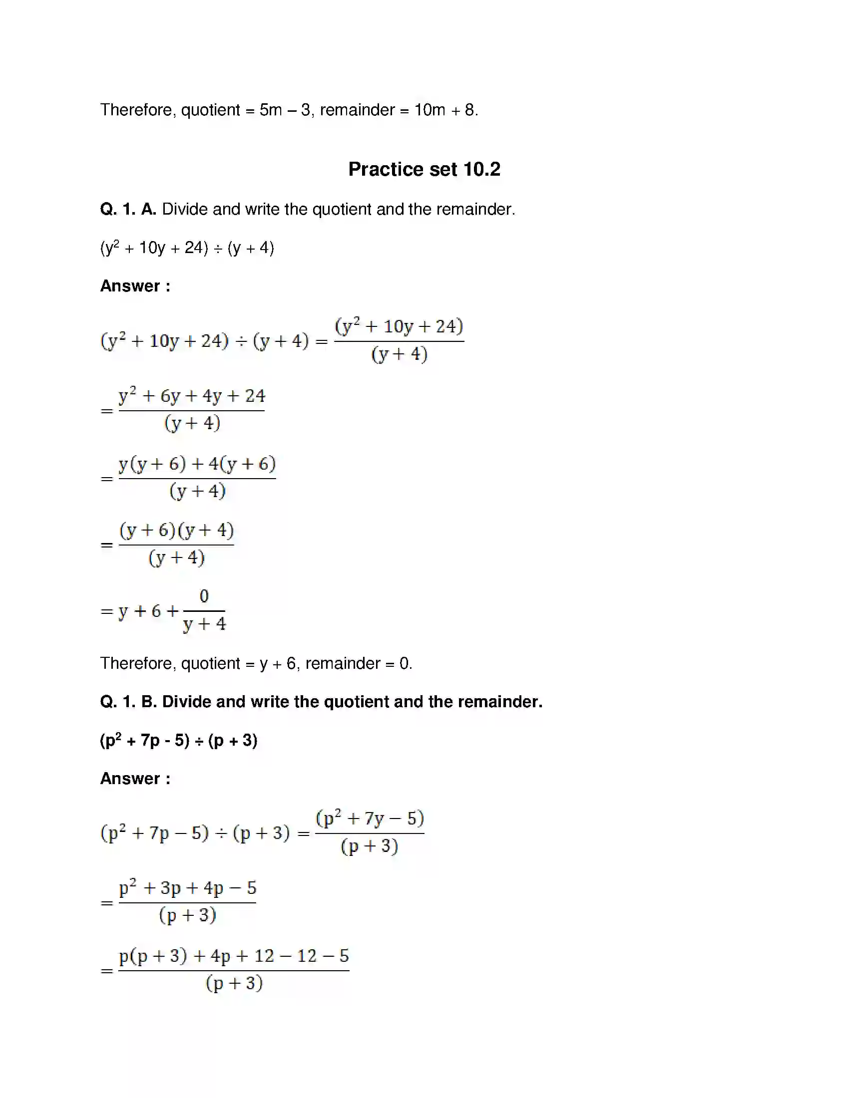 Maharashtra Board Class 8th Mathematics - English Medium Division of Polynomials Solution 5