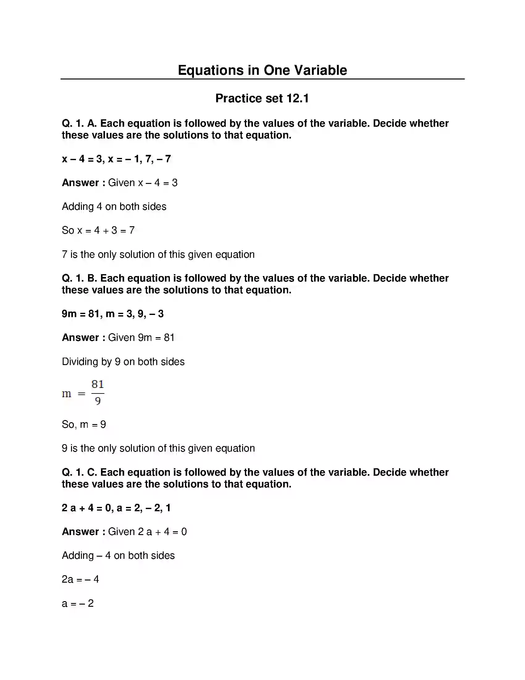 Maharashtra Board Class 8th Mathematics - English Medium Equations in One Variable Solution 1