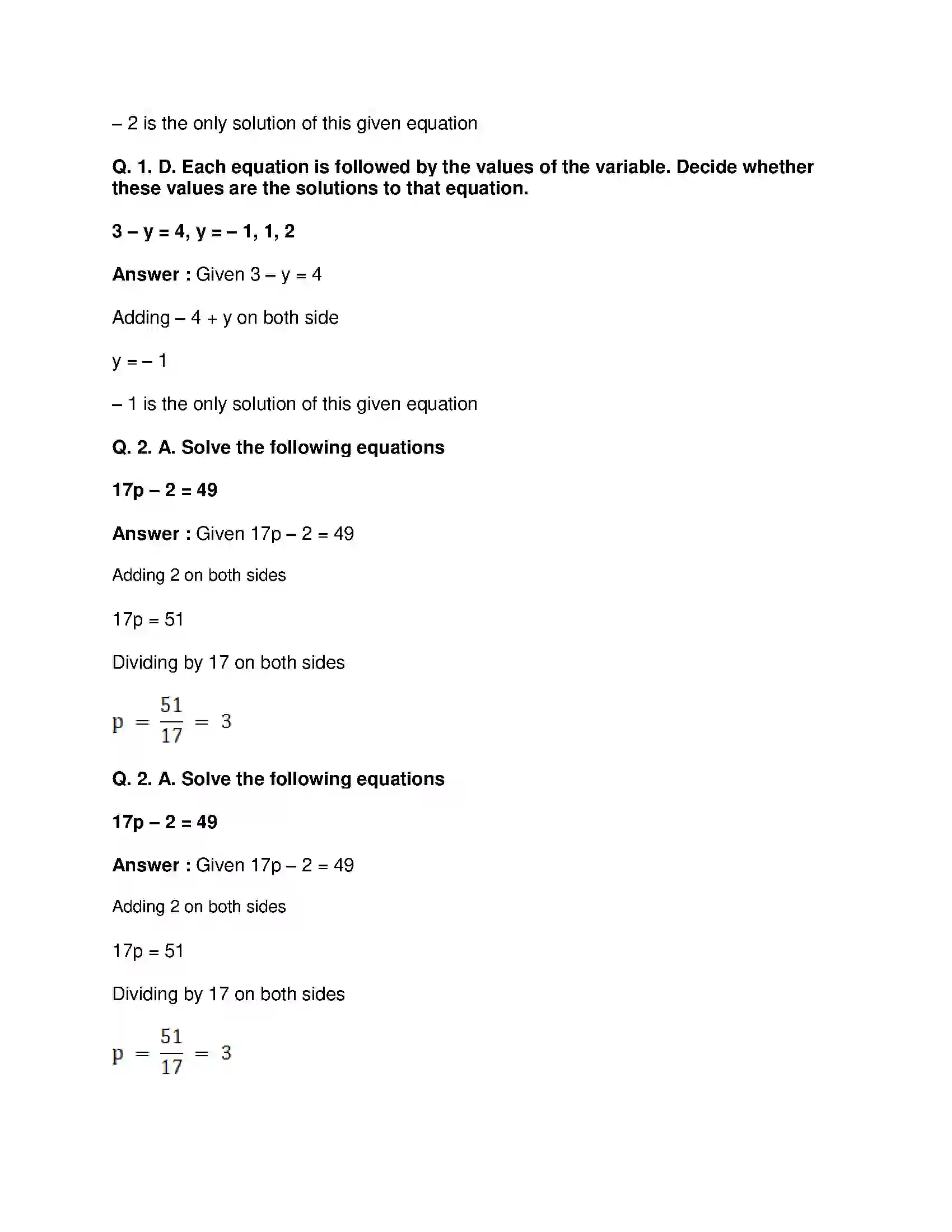 Maharashtra Board Class 8th Mathematics - English Medium Equations in One Variable Solution 2