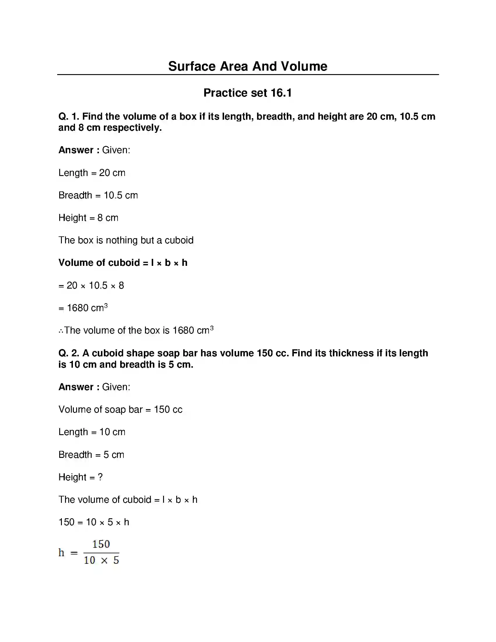 Maharashtra Board Class 8th Mathematics - English Medium Surface Area and Volume Solution 1