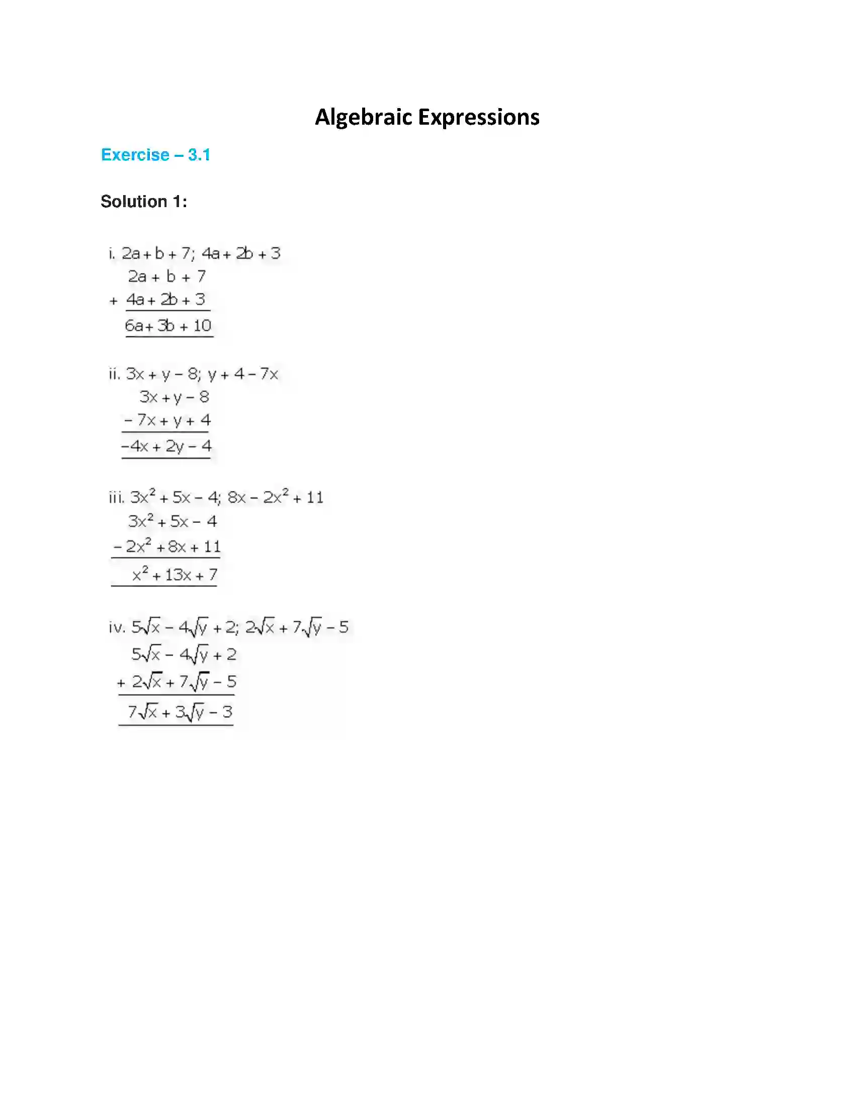 Maharashtra Board Class 9th Algebra Algebraic Expressions Solution 1