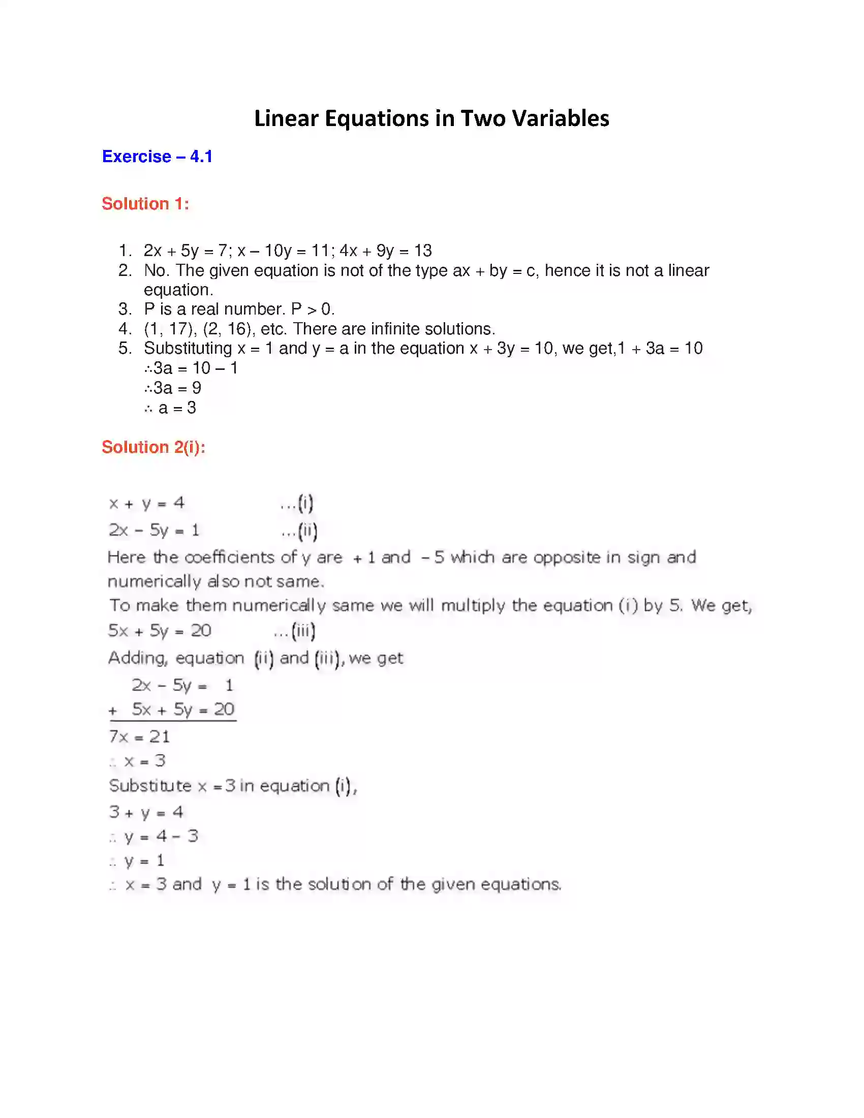 Maharashtra Board Class 9th Algebra Linear Equations in Two Variables Solution 1