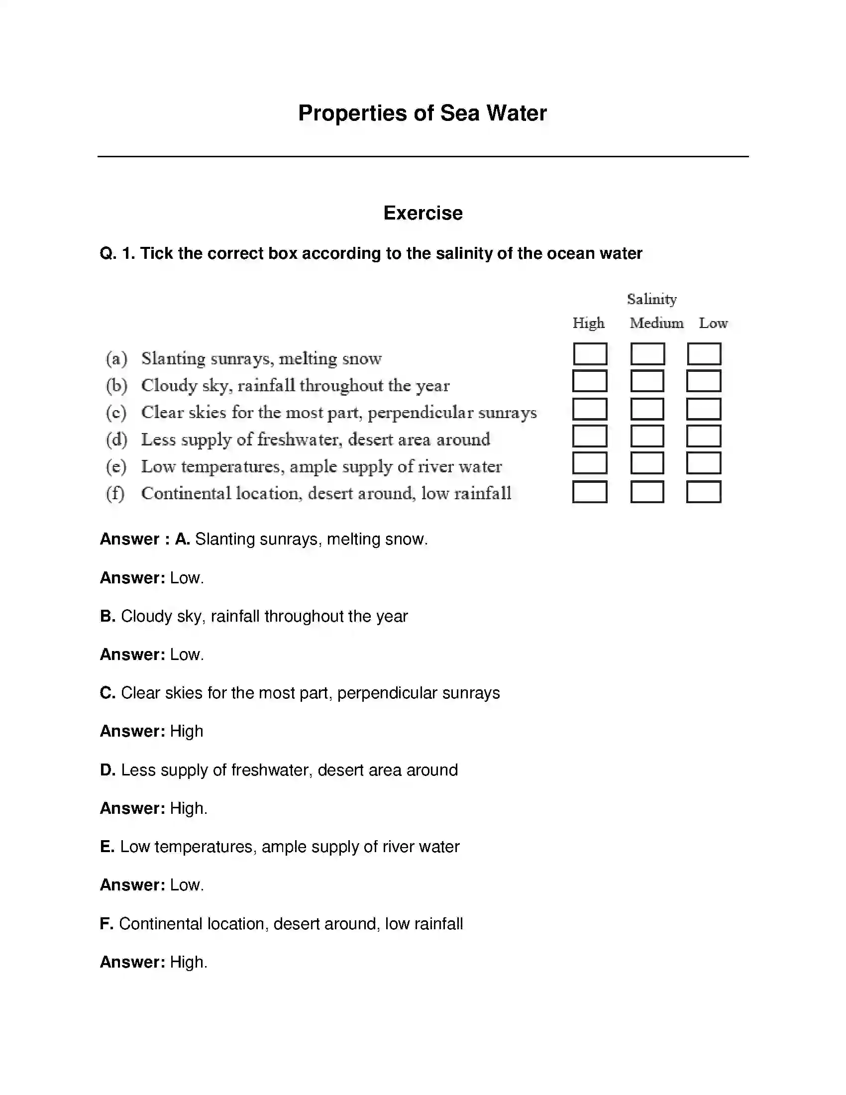 Maharashtra Board Class 9th Geography - English Medium Properties of Sea Water Solution 1