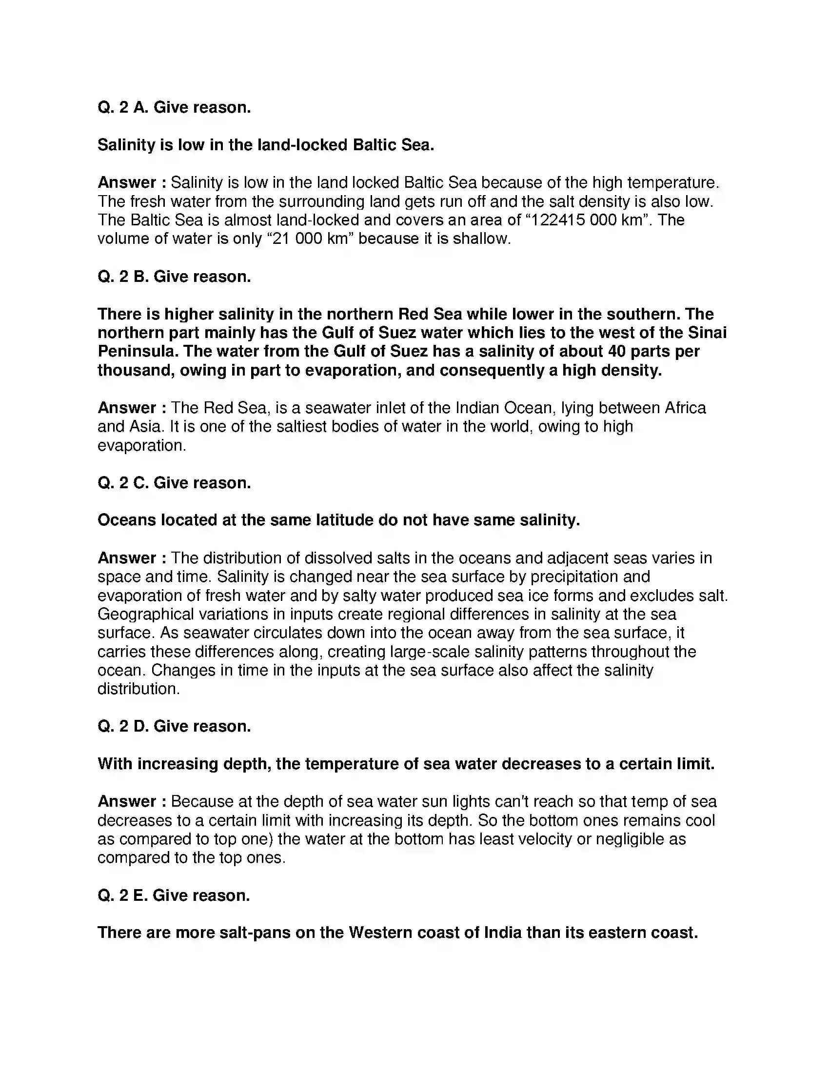 Maharashtra Board Class 9th Geography - English Medium Properties of Sea Water Solution 2