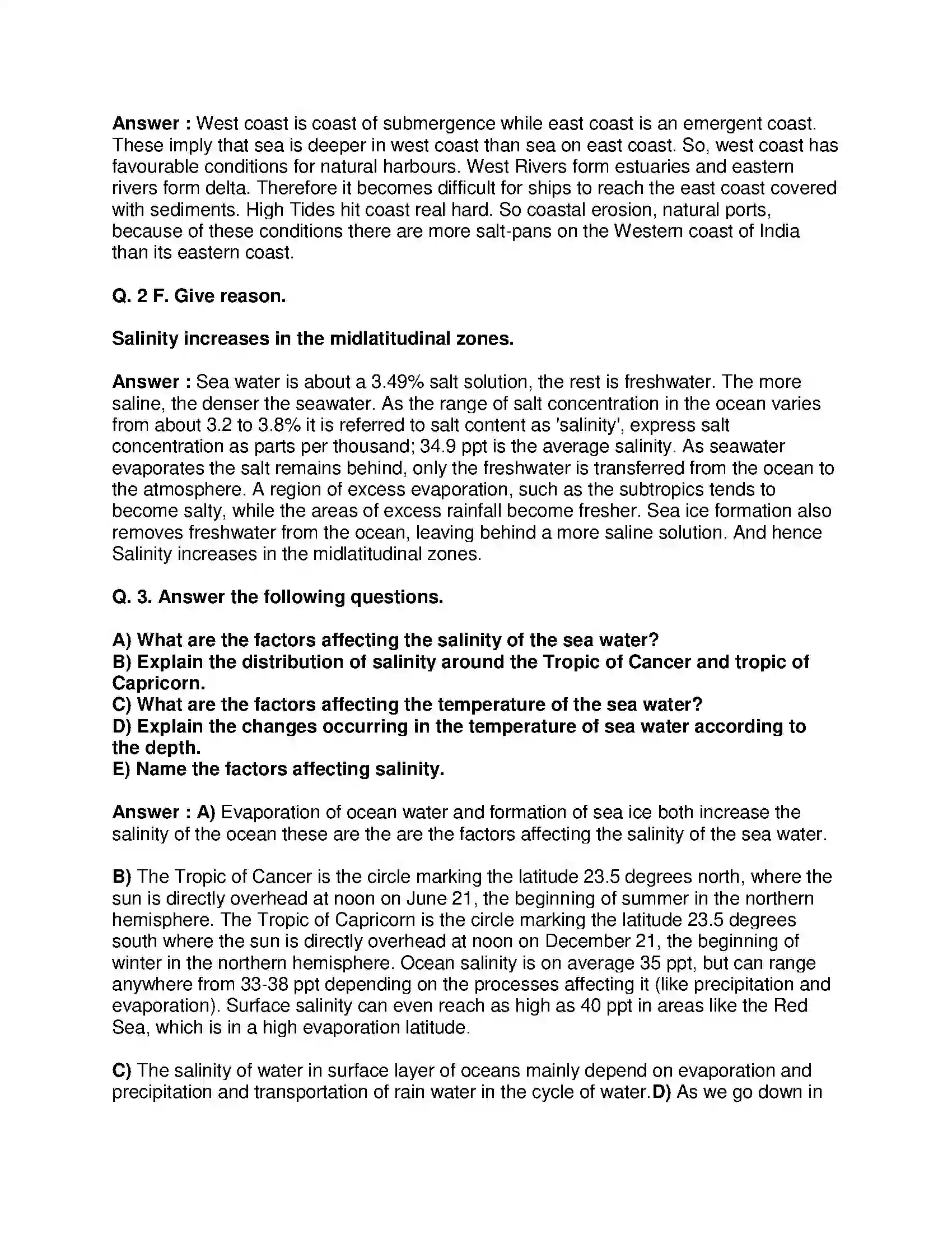 Maharashtra Board Class 9th Geography - English Medium Properties of Sea Water Solution 3