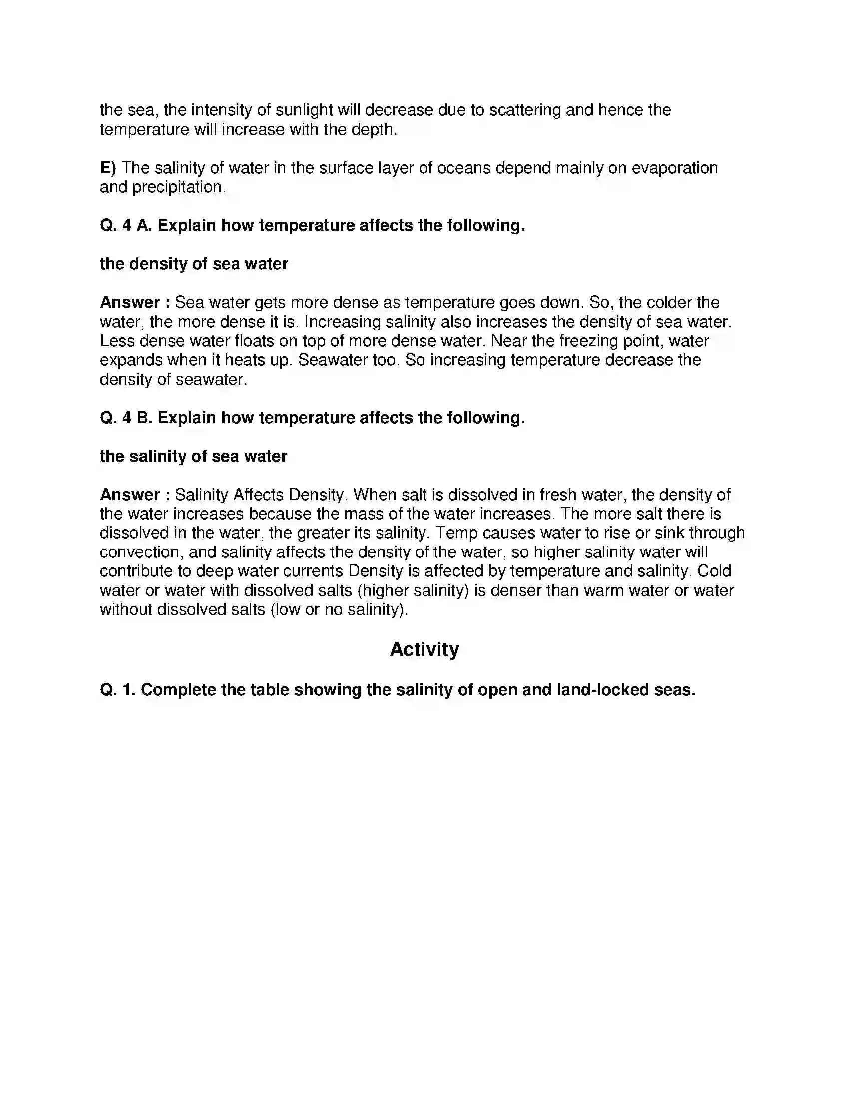 Maharashtra Board Class 9th Geography - English Medium Properties of Sea Water Solution 4