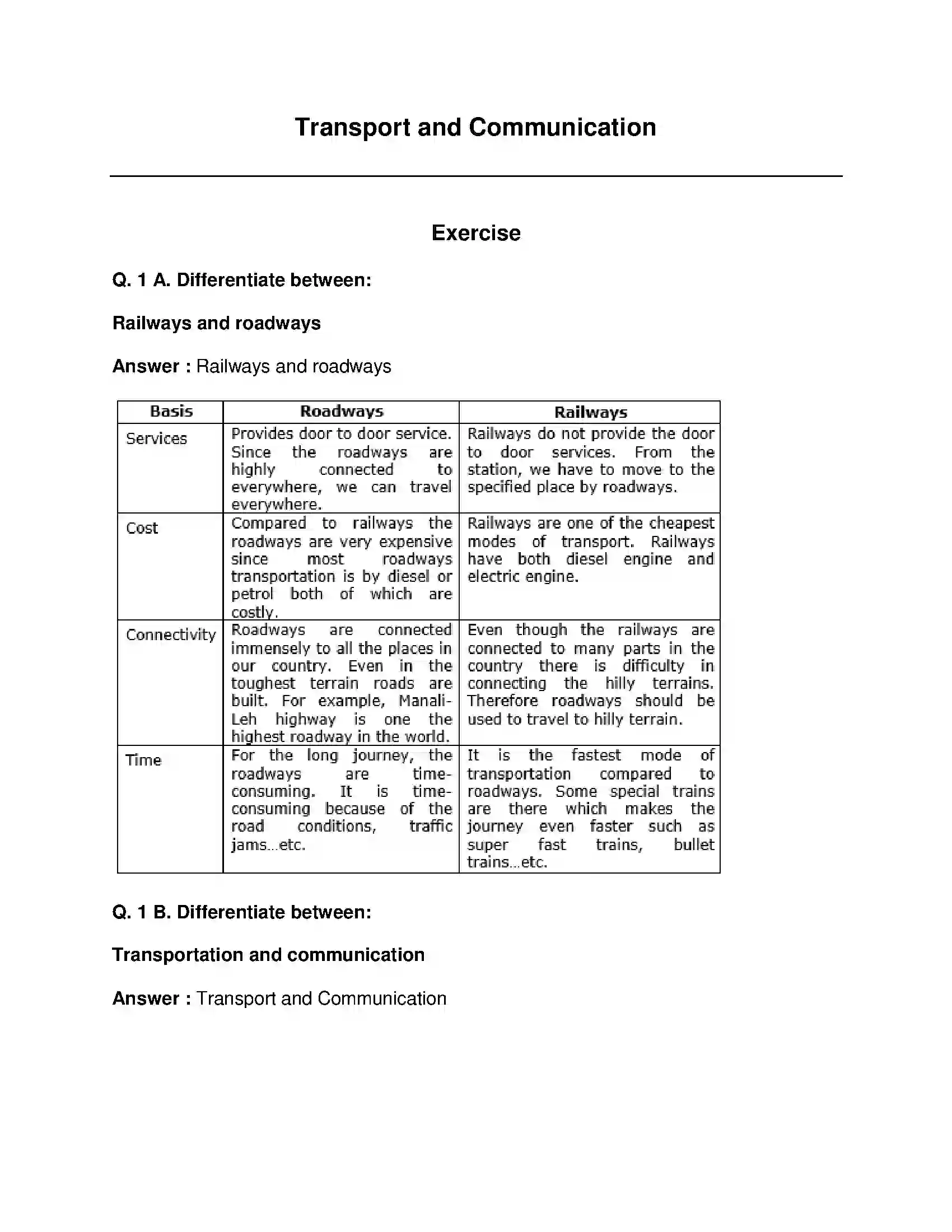 Maharashtra Board Class 9th Geography - English Medium Transport and Communication Solution 1