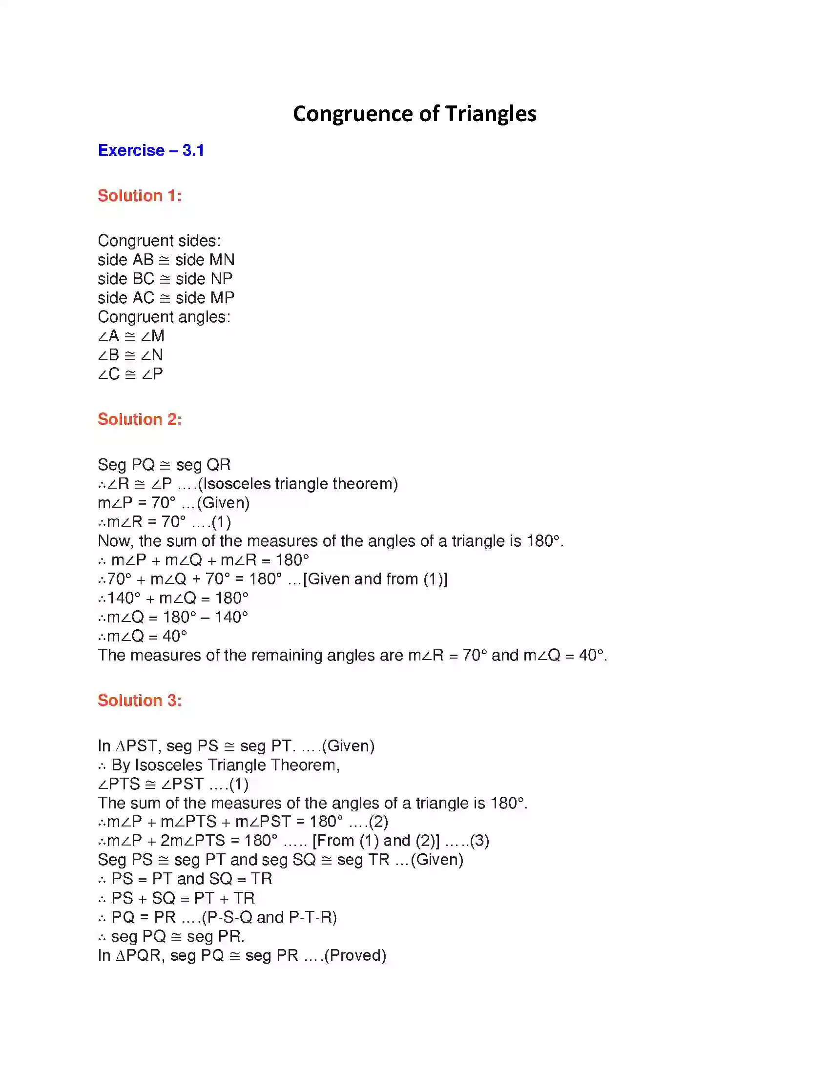 Maharashtra Board Class 9th Geometry Congruence of Triangles Solution 1