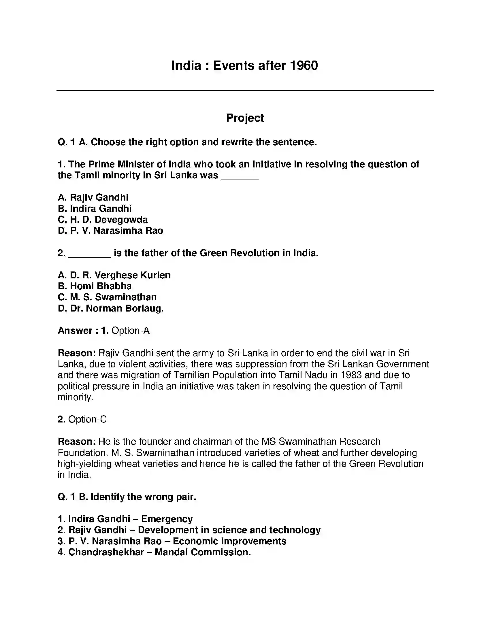 Maharashtra Board Class 9th History - English Medium India: Events after 1960 Solution 1
