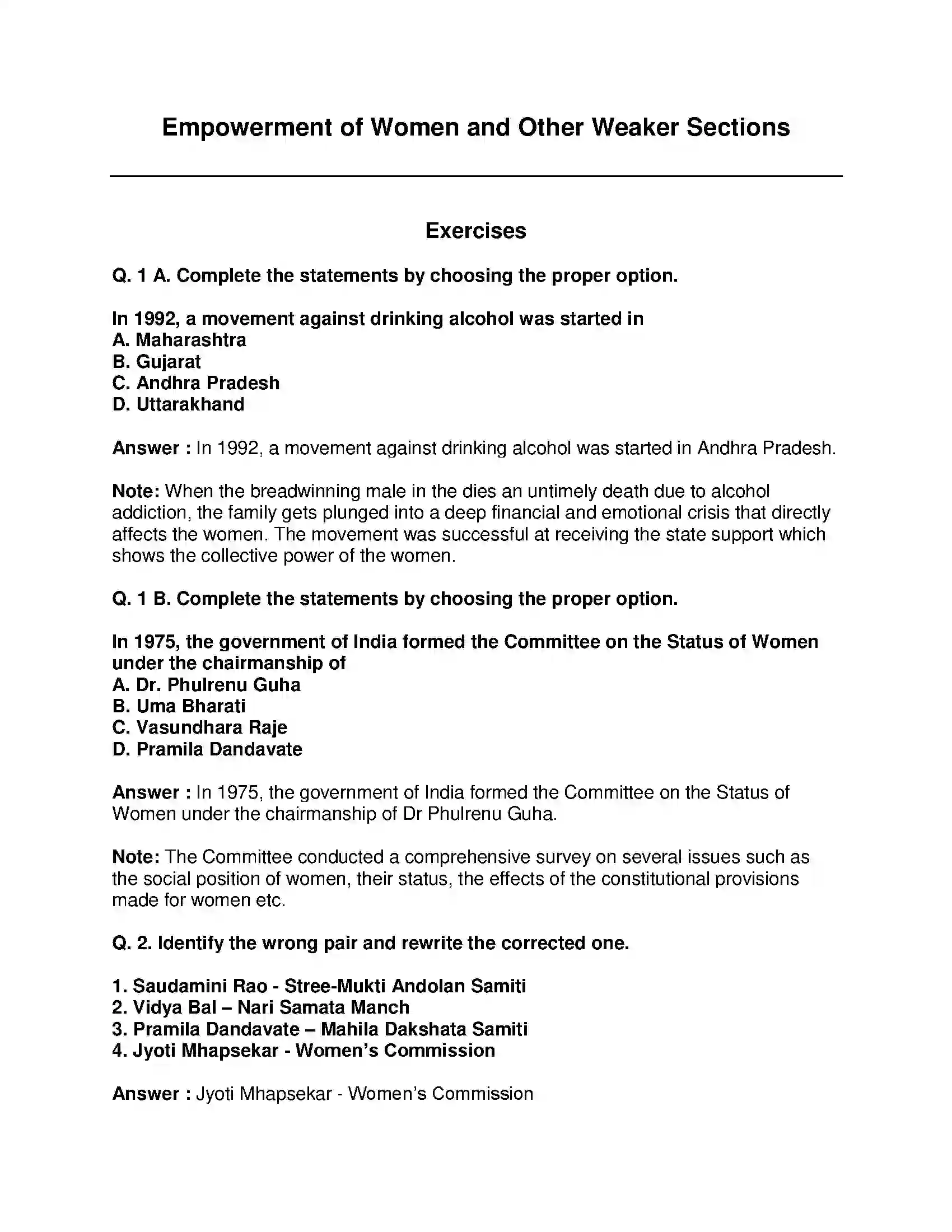 Maharashtra Board Class 9th History - English Medium Empowerment of Women and Other Weaker Sections Solution 1