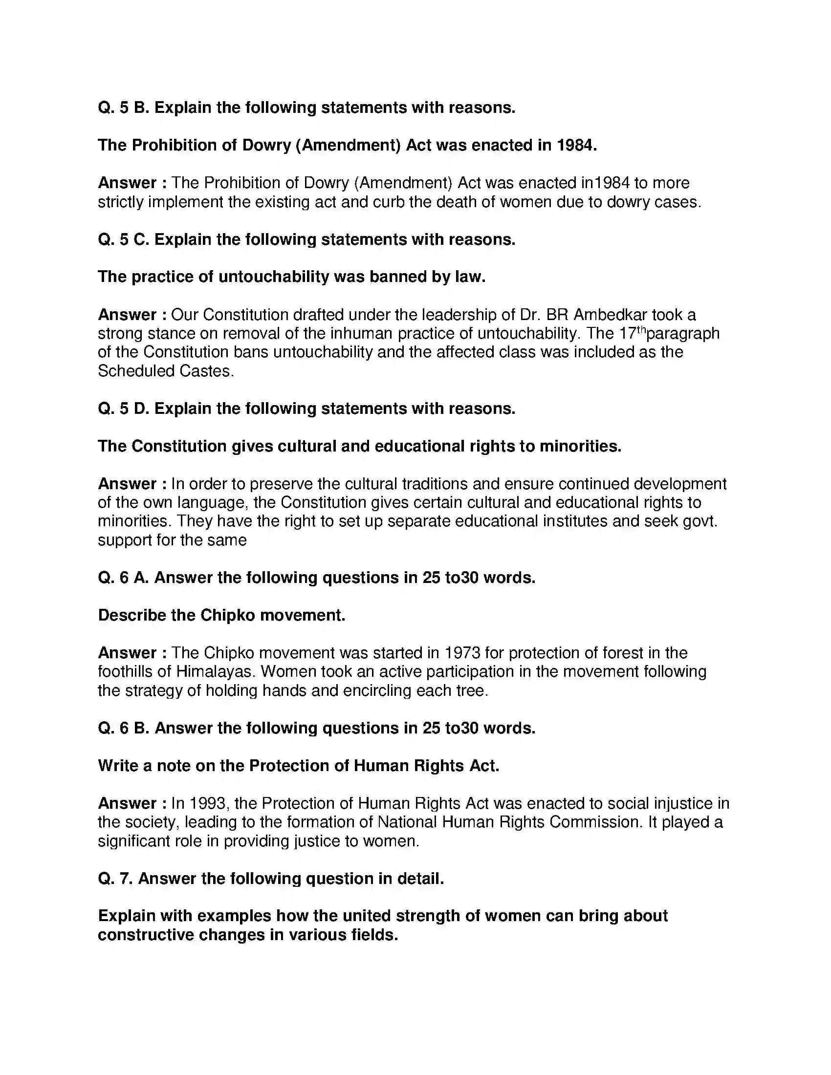 Maharashtra Board Class 9th History - English Medium Empowerment of Women and Other Weaker Sections Solution 3