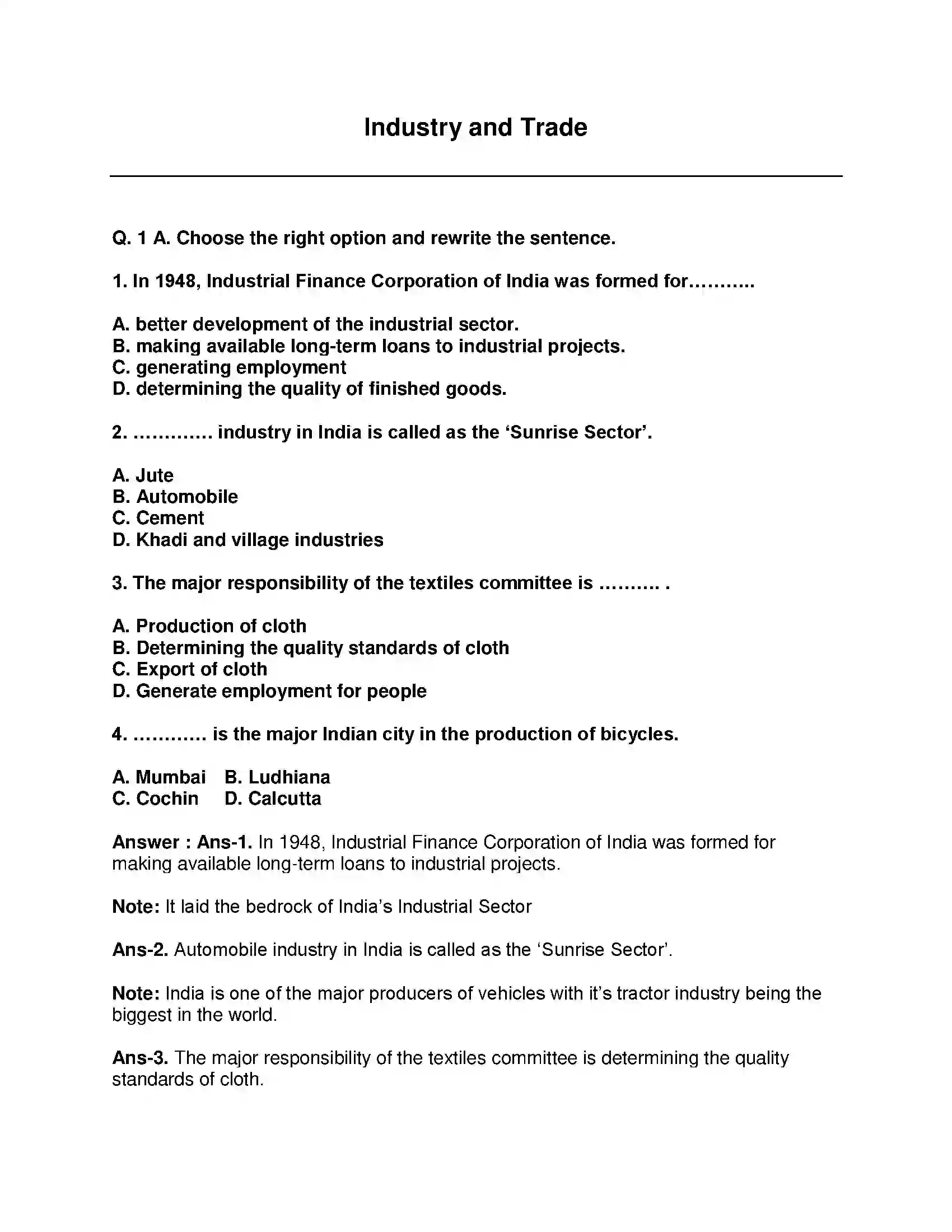 Maharashtra Board Class 9th History - English Medium Industry and Trade Solution 1