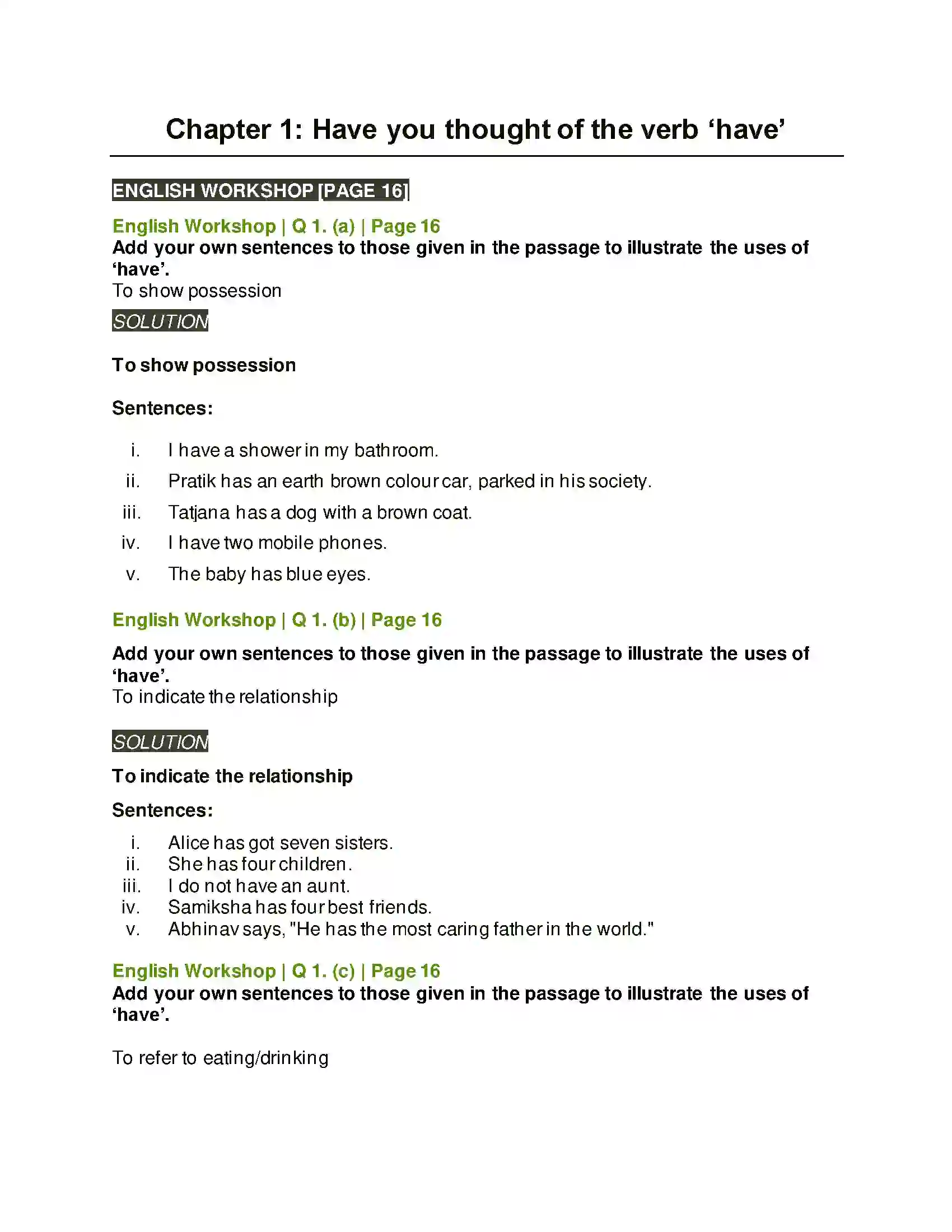 Maharashtra Board Class 9th Kumarbharati - English Medium 1.4 Have You Thought of the Verb ‘Have Solution 1