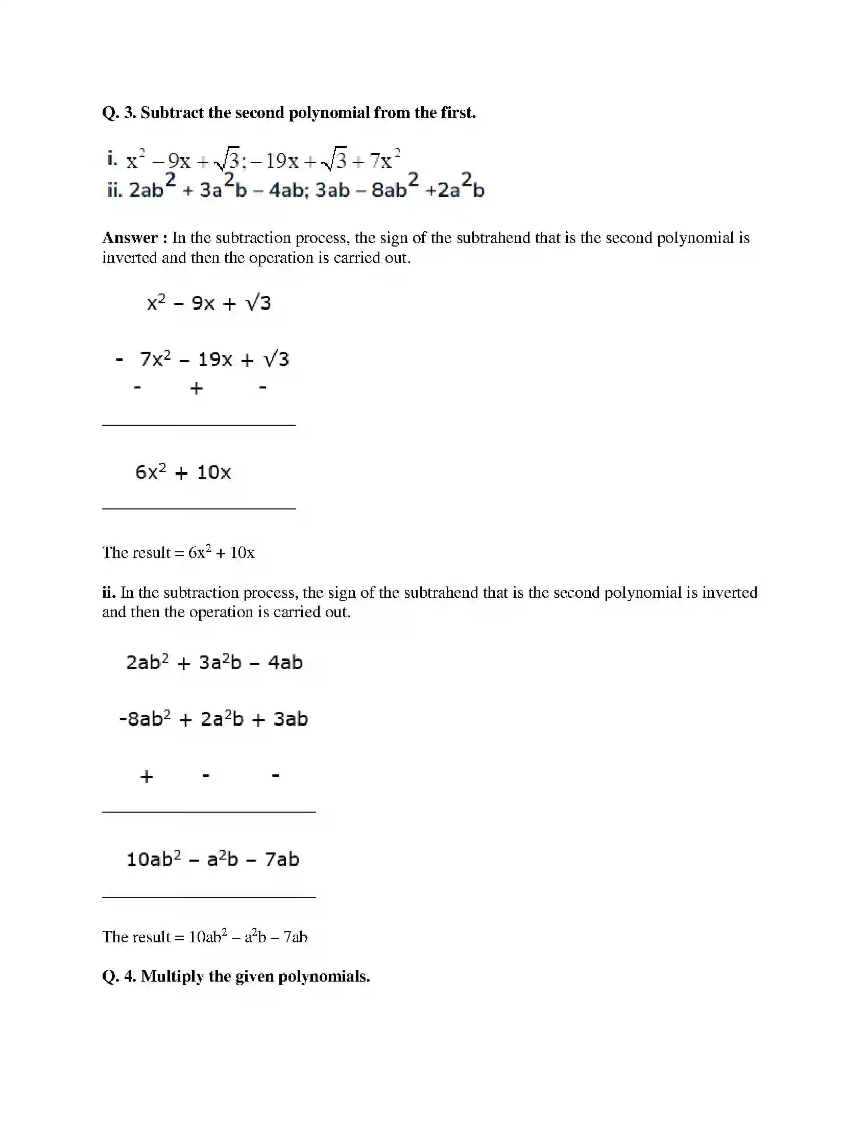 Maharashtra Board Class 9th Mathematics Part-I - English Medium Polynomials Solution 10
