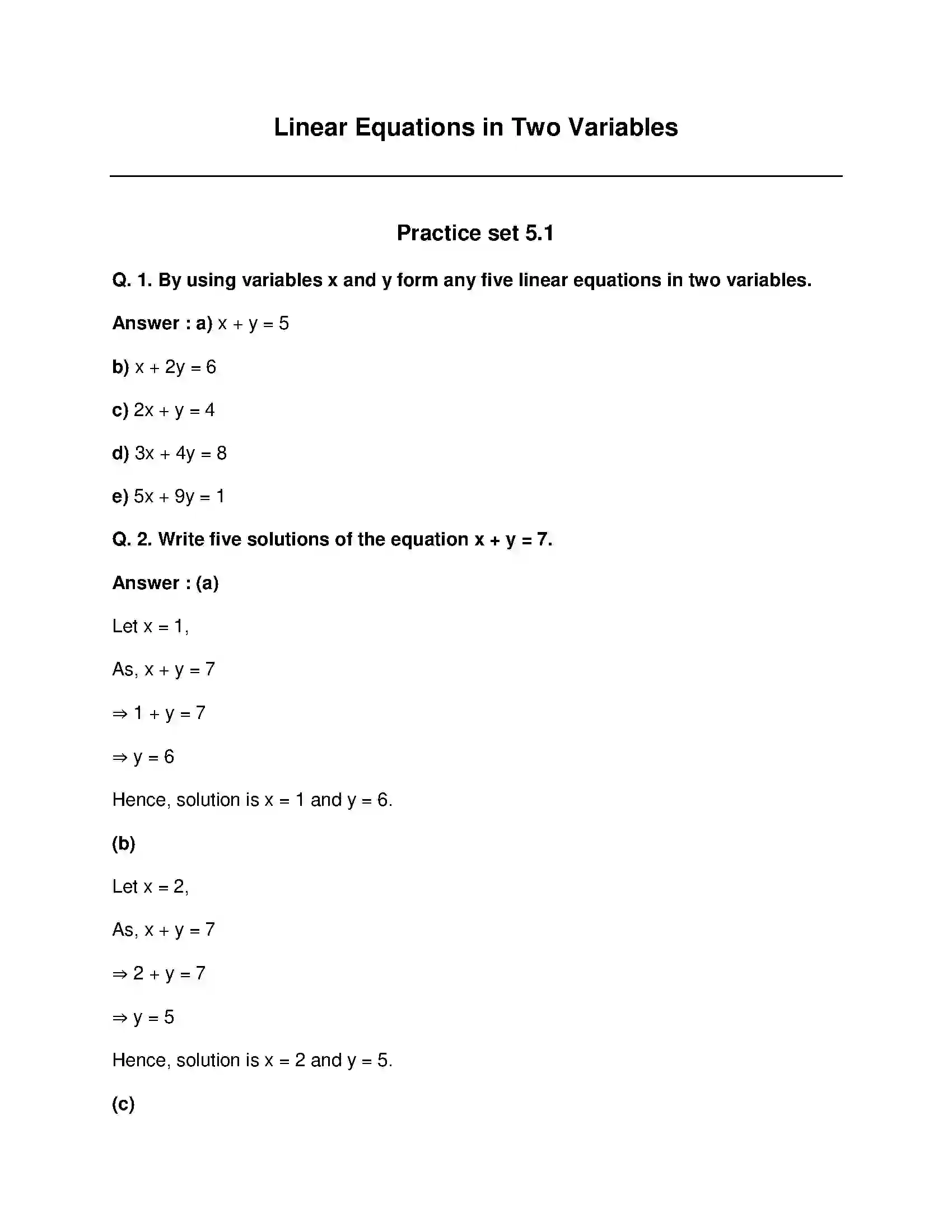 Maharashtra Board Class 9th Mathematics Part-I - English Medium Linear Equations in Two Variables Solution 1
