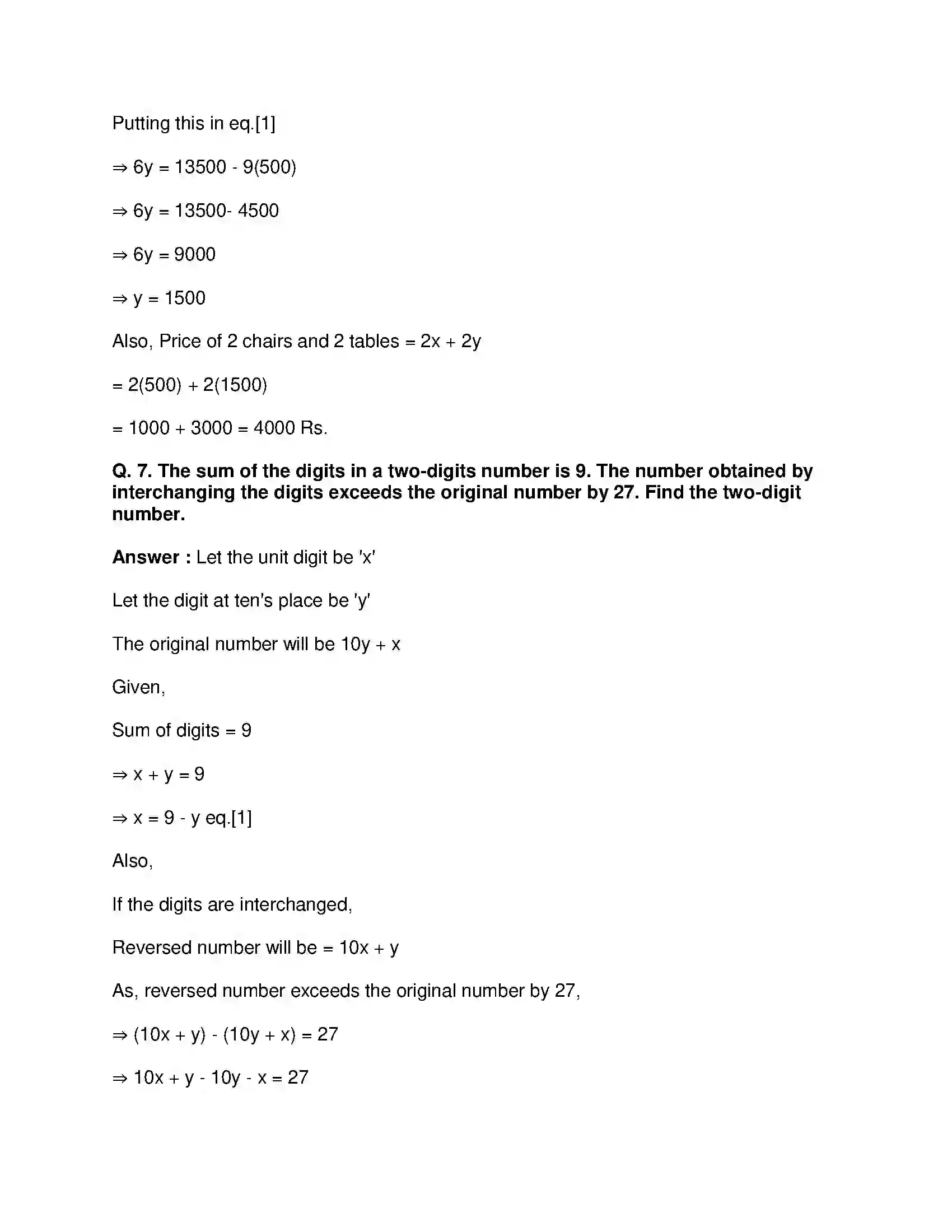 Maharashtra Board Class 9th Mathematics Part-I - English Medium Linear Equations in Two Variables Solution 11