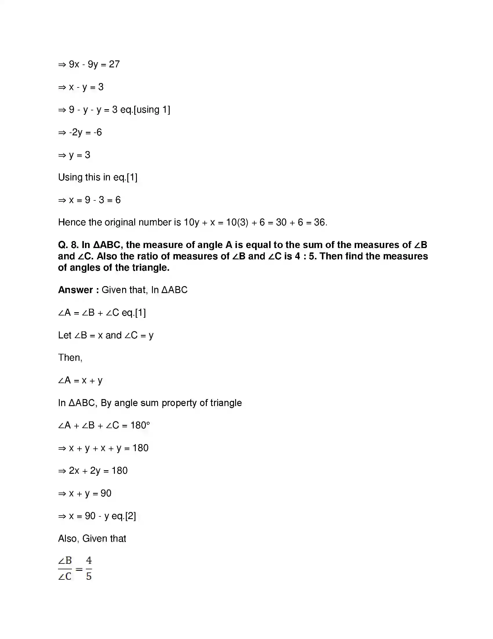 Maharashtra Board Class 9th Mathematics Part-I - English Medium Linear Equations in Two Variables Solution 12