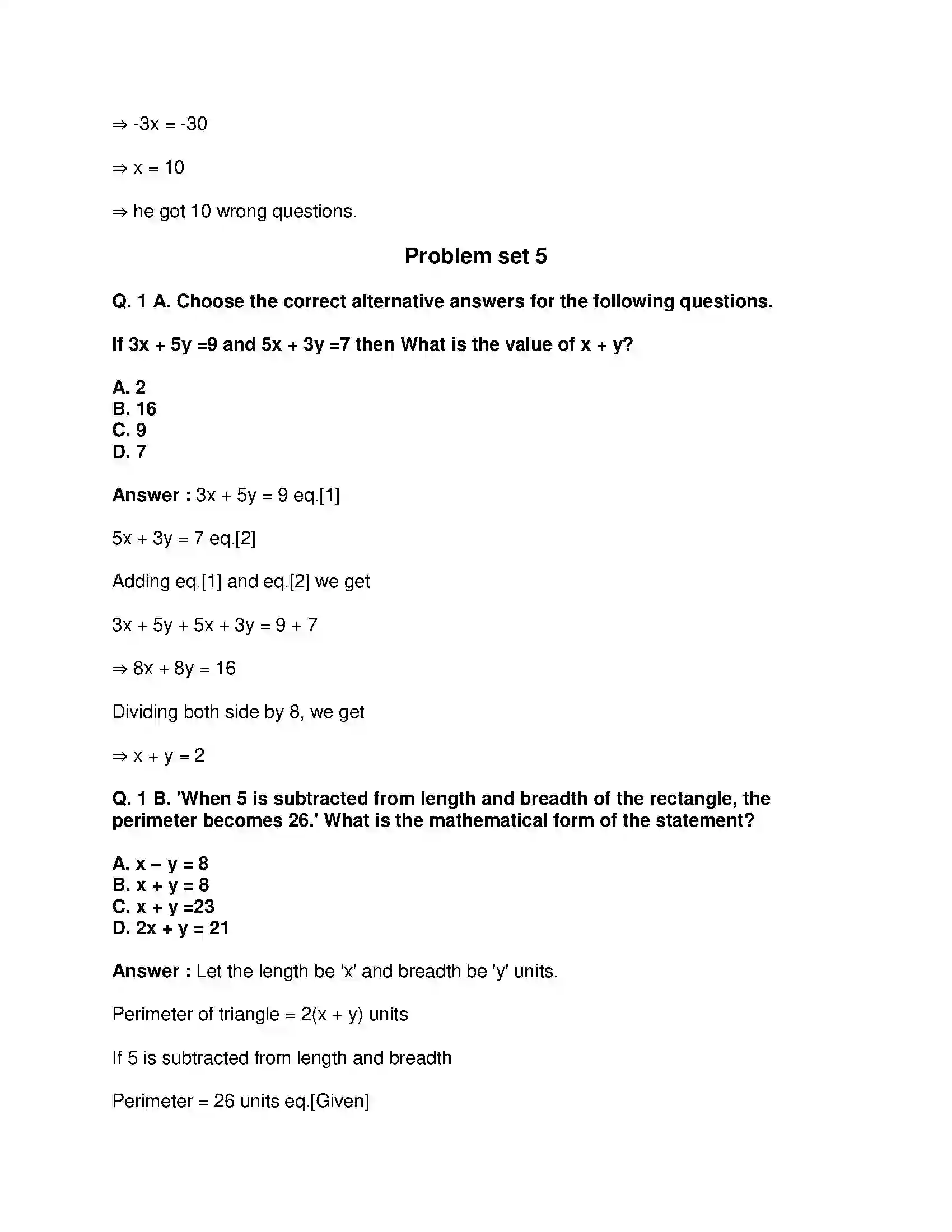 Maharashtra Board Class 9th Mathematics Part-I - English Medium Linear Equations in Two Variables Solution 15