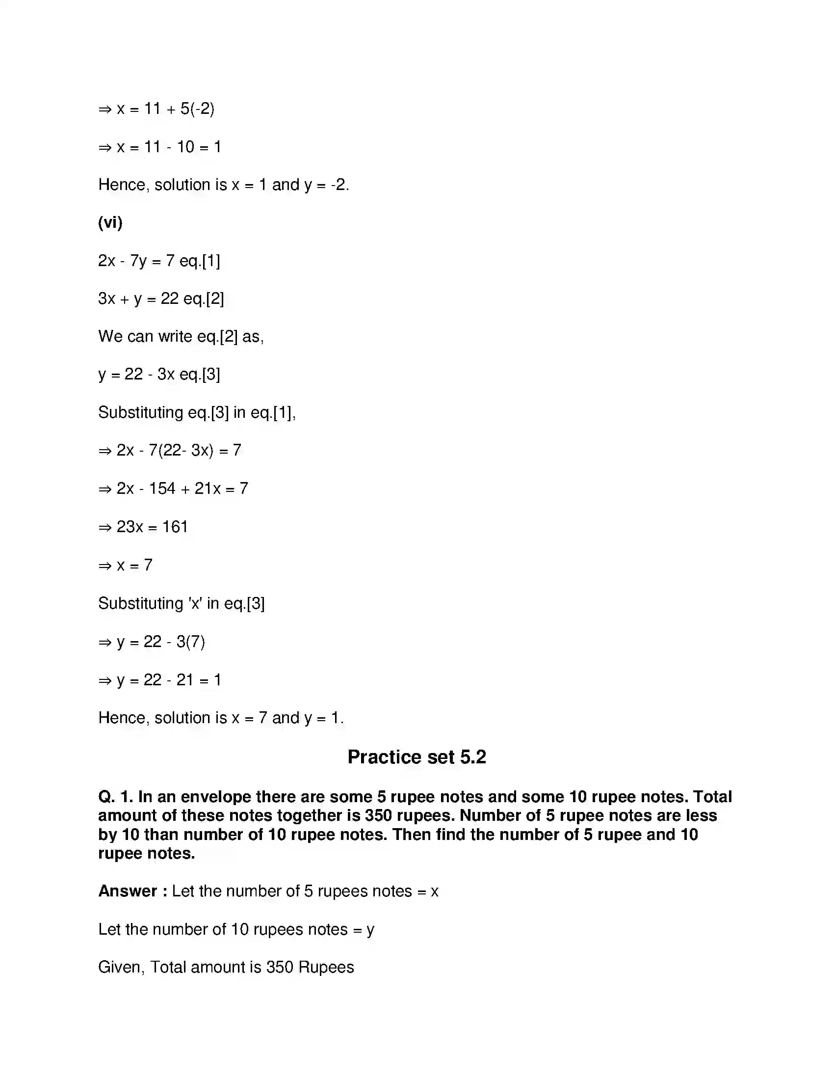 Maharashtra Board Class 9th Mathematics Part-I - English Medium Linear Equations in Two Variables Solution 6